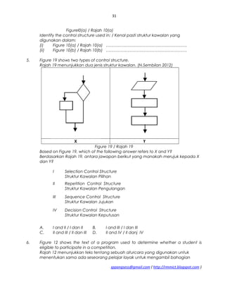31
Figurel0(a) / Rajah 10(a)
Identify the control structure used in: / Kenal pasti struktur kawalan yang
digunakan dalam:
(i) Figure 10(a) / Rajah 10(a) ……………………………………………………
(ii) Figure 10(b) / Rajah 10(b) ……………………………………………………
5. Figure 19 shows two types of control structure.
Rajah 19 menunjukkan dua jenis struktur kawalan. (N.Sembilan 2012)
X Y
Figure 19 / Rajah 19
Based on Figure 19, which of the following answer refers to X and Y?
Berdasarkan Rajah 19, antara jawapan berikut yang manakah merujuk kepada X
dan Y?
I Selection Control Structure
Struktur Kawalan Pilihan
II Repetition Control Structure
Struktur Kawalan Pengulangan
III Sequence Control Structure
Struktur Kawalan Jujukan
IV Decision Control Structure
Struktur Kawalan Keputusan
A. I and II / I dan II B. I and III / I dan III
C. II and III / II dan III D. II and IV / II danj IV
6. Figure 12 shows the text of a program used to determine whether a student is
eligible to participate in a competition.
Rajah 12 menunjukkan teks tentang sebuah aturcara yang digunakan untuk
menentukan sama ada seseorang pelajar layak untuk mengambil bahagian
sppangsess@gmail.com ( http://rmmict.blogspot.com )
 
