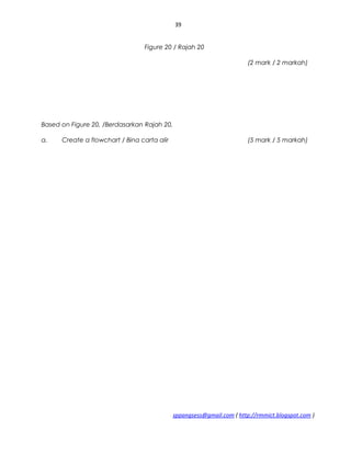 39
Figure 20 / Rajah 20
(2 mark / 2 markah)
Based on Figure 20, /Berdasarkan Rajah 20,
a. Create a flowchart / Bina carta alir (5 mark / 5 markah)
sppangsess@gmail.com ( http://rmmict.blogspot.com )
 