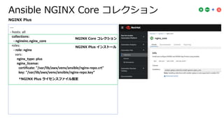 Ansible NGINX Core コレクション
---
- hosts: all
collections:
- nginxinc.nginx_core
roles:
- role: nginx
vars:
nginx_type: plus
nginx_license:
certificate: "/var/lib/awx/venv/ansible/nginx-repo.crt"
key: "/var/lib/awx/venv/ansible/nginx-repo.key”
NGINX Plus
NGINX Plus インストール
*NGINX Plus ライセンスファイル指定
NGINX Core コレクション
 