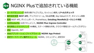 NGINX Plusで追加されている機能
• ロードバランシング 負荷分散アルゴリズム, セッション維持, L7ヘルスチェック
• 動的設定変更 REST API, アップストリーム, SSL証明書, Key-Valueストア, キャッシュ削除
• 監視 REST API, ダッシュボード, Prometheus, DataDog/NewRelicエージェント対応
• 公式Dockerfile 公式ドキュメント, NGINX Plus Ingress Controller
• 高可用性とクラスタリング HA構成, ステート情報の共有, クラウド環境スケールアップ/ダウン
• 認証 OpenID, JWT
• Webアプリケーションファイアウォール NGINX App Protect
• 認定サードパーティ動的モジュール NGINX, コミュニティ, 認定ISV
 