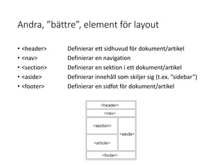 Andra, ”bättre”, element för layout
• <header> Definierar ett sidhuvud för dokument/artikel
• <nav> Definierar en navigation
• <section> Definierar en sektion i ett dokument/artikel
• <aside> Definierar innehåll som skiljer sig (t.ex. ”sidebar”)
• <footer> Definierar en sidfot för dokument/artikel
 
