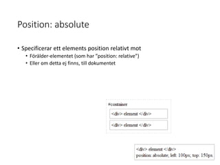 Position: absolute
• Specificerar ett elements position relativt mot
• Förälder-elementet (som har ”position: relative”)
• Eller om detta ej finns, till dokumentet
 