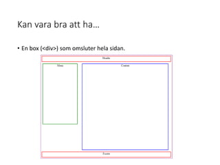 Kan vara bra att ha…
• En box (<div>) som omsluter hela sidan.
 