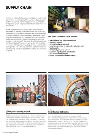 SUPPLY CHAIN
Is there an established supplier and logistics partner net-
work where you’re heading? If not, how will you ensure
that food supplies, maintenance supplies, spare parts
and general goods are procured and delivered when you
need them?
At RA International, we cast our nets wide and take
advantage of the best that international and local sup-
pliers have to offer. All our suppliers are carefully vetted
to ensure that their commitments are attainable – with
regard to quality, quantity and lead times. We develop
and implement turnkey supply chain solutions to help
you get new projects off the ground, or to keep existing
facilities and plant/equipment going. Our offer includes
in-house or third-party consulting services, sophisticated
management and software solutions, load consolidation,
warehousing, transport, freight forwarding and clearance
of goods.
CASE
1,000-person camp project
RA International was contracted by a client to deliver a full
1,000-person prefabricated camp by air to a military zone.
This involved 50 air deliveries, using chartered IL76 aircraft,
and the whole delivery was completed in five days, with two
aircraft carrying out five lifts per day. We also coordinated
ground transport to make sure all goods were available for
loading into the aircraft in the right sequence.
CASE
Coordinated deliveries
An international communications operator asked
RA International to coordinate the delivery of communica-
tions equipment and material to a post-crisis location. The
expensive equipment came from six international locations,
and its arrival by air and sea had to coincide with the arrival
of technicians and engineers on site. We facilitated customs
clearance at sea and cooperated with military escorts to
ensure safe deliveries.
Our supply chain service offer includes:
– Warehousing and yard management
– Inventory control
– International procurement
– Local procurement of material, equipment and
	 food supplies
– Delivery by air, road and sea
– Last-mile logistics into remote sites
– Site and location analysis
– Goods consolidation and repacking
12 | WE DELIVER. REGARDLESS.
 