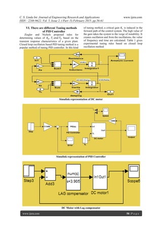 C. S. Linda Int. Journal of Engineering Research and Applications www.ijera.com
ISSN : 2248-9622, Vol. 5, Issue 2, ( Part -5) February 2015, pp.56-61
www.ijera.com 58 | P a g e
VI. There are different Tuning methods
of PID Controller
Ziegler and Nichols proposed rules for
determining values of 𝐾𝑝 , 𝑇𝑖 𝑎𝑛𝑑 𝑇𝑑 based on the
transient response characteristics of a given plant.
Closed loop oscillation based PID tuning method is a
popular method of tuning PID controller. In this kind
of tuning method, a critical gain 𝐾𝑐 is induced in the
forward path of the control system. The high value of
the gain takes the system to the verge of instability. It
creates oscillation and from the oscillations, the value
of frequency and time are calculated. Table 1 gives
experimental tuning rules based on closed loop
oscillation method
Simulink representation of DC motor
Simulink representation of PID Controller
DC Motor with Lag compensator
 