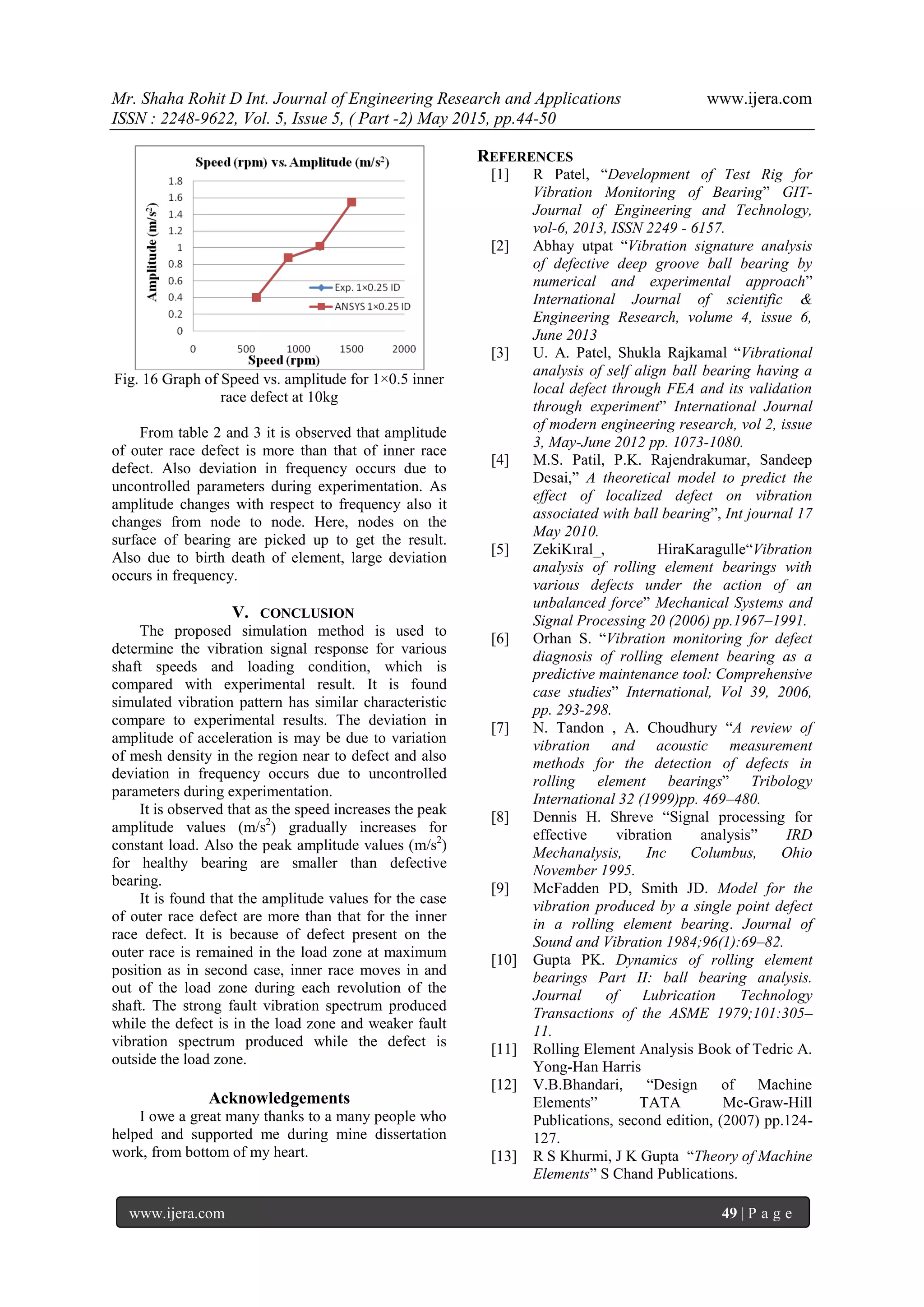 Mr. Shaha Rohit D Int. Journal of Engineering Research and Applications www.ijera.com
ISSN : 2248-9622, Vol. 5, Issue 5, ( Part -2) May 2015, pp.44-50
www.ijera.com 49 | P a g e
Fig. 16 Graph of Speed vs. amplitude for 1×0.5 inner
race defect at 10kg
From table 2 and 3 it is observed that amplitude
of outer race defect is more than that of inner race
defect. Also deviation in frequency occurs due to
uncontrolled parameters during experimentation. As
amplitude changes with respect to frequency also it
changes from node to node. Here, nodes on the
surface of bearing are picked up to get the result.
Also due to birth death of element, large deviation
occurs in frequency.
V. CONCLUSION
The proposed simulation method is used to
determine the vibration signal response for various
shaft speeds and loading condition, which is
compared with experimental result. It is found
simulated vibration pattern has similar characteristic
compare to experimental results. The deviation in
amplitude of acceleration is may be due to variation
of mesh density in the region near to defect and also
deviation in frequency occurs due to uncontrolled
parameters during experimentation.
It is observed that as the speed increases the peak
amplitude values (m/s2
) gradually increases for
constant load. Also the peak amplitude values (m/s2
)
for healthy bearing are smaller than defective
bearing.
It is found that the amplitude values for the case
of outer race defect are more than that for the inner
race defect. It is because of defect present on the
outer race is remained in the load zone at maximum
position as in second case, inner race moves in and
out of the load zone during each revolution of the
shaft. The strong fault vibration spectrum produced
while the defect is in the load zone and weaker fault
vibration spectrum produced while the defect is
outside the load zone.
Acknowledgements
I owe a great many thanks to a many people who
helped and supported me during mine dissertation
work, from bottom of my heart.
REFERENCES
[1] R Patel, “Development of Test Rig for
Vibration Monitoring of Bearing” GIT-
Journal of Engineering and Technology,
vol-6, 2013, ISSN 2249 - 6157.
[2] Abhay utpat “Vibration signature analysis
of defective deep groove ball bearing by
numerical and experimental approach”
International Journal of scientific &
Engineering Research, volume 4, issue 6,
June 2013
[3] U. A. Patel, Shukla Rajkamal “Vibrational
analysis of self align ball bearing having a
local defect through FEA and its validation
through experiment” International Journal
of modern engineering research, vol 2, issue
3, May-June 2012 pp. 1073-1080.
[4] M.S. Patil, P.K. Rajendrakumar, Sandeep
Desai,” A theoretical model to predict the
effect of localized defect on vibration
associated with ball bearing”, Int journal 17
May 2010.
[5] ZekiKıral_, HiraKaragulle“Vibration
analysis of rolling element bearings with
various defects under the action of an
unbalanced force” Mechanical Systems and
Signal Processing 20 (2006) pp.1967–1991.
[6] Orhan S. “Vibration monitoring for defect
diagnosis of rolling element bearing as a
predictive maintenance tool: Comprehensive
case studies” International, Vol 39, 2006,
pp. 293-298.
[7] N. Tandon , A. Choudhury “A review of
vibration and acoustic measurement
methods for the detection of defects in
rolling element bearings” Tribology
International 32 (1999)pp. 469–480.
[8] Dennis H. Shreve “Signal processing for
effective vibration analysis” IRD
Mechanalysis, Inc Columbus, Ohio
November 1995.
[9] McFadden PD, Smith JD. Model for the
vibration produced by a single point defect
in a rolling element bearing. Journal of
Sound and Vibration 1984;96(1):69–82.
[10] Gupta PK. Dynamics of rolling element
bearings Part II: ball bearing analysis.
Journal of Lubrication Technology
Transactions of the ASME 1979;101:305–
11.
[11] Rolling Element Analysis Book of Tedric A.
Yong-Han Harris
[12] V.B.Bhandari, “Design of Machine
Elements” TATA Mc-Graw-Hill
Publications, second edition, (2007) pp.124-
127.
[13] R S Khurmi, J K Gupta “Theory of Machine
Elements” S Chand Publications.
 