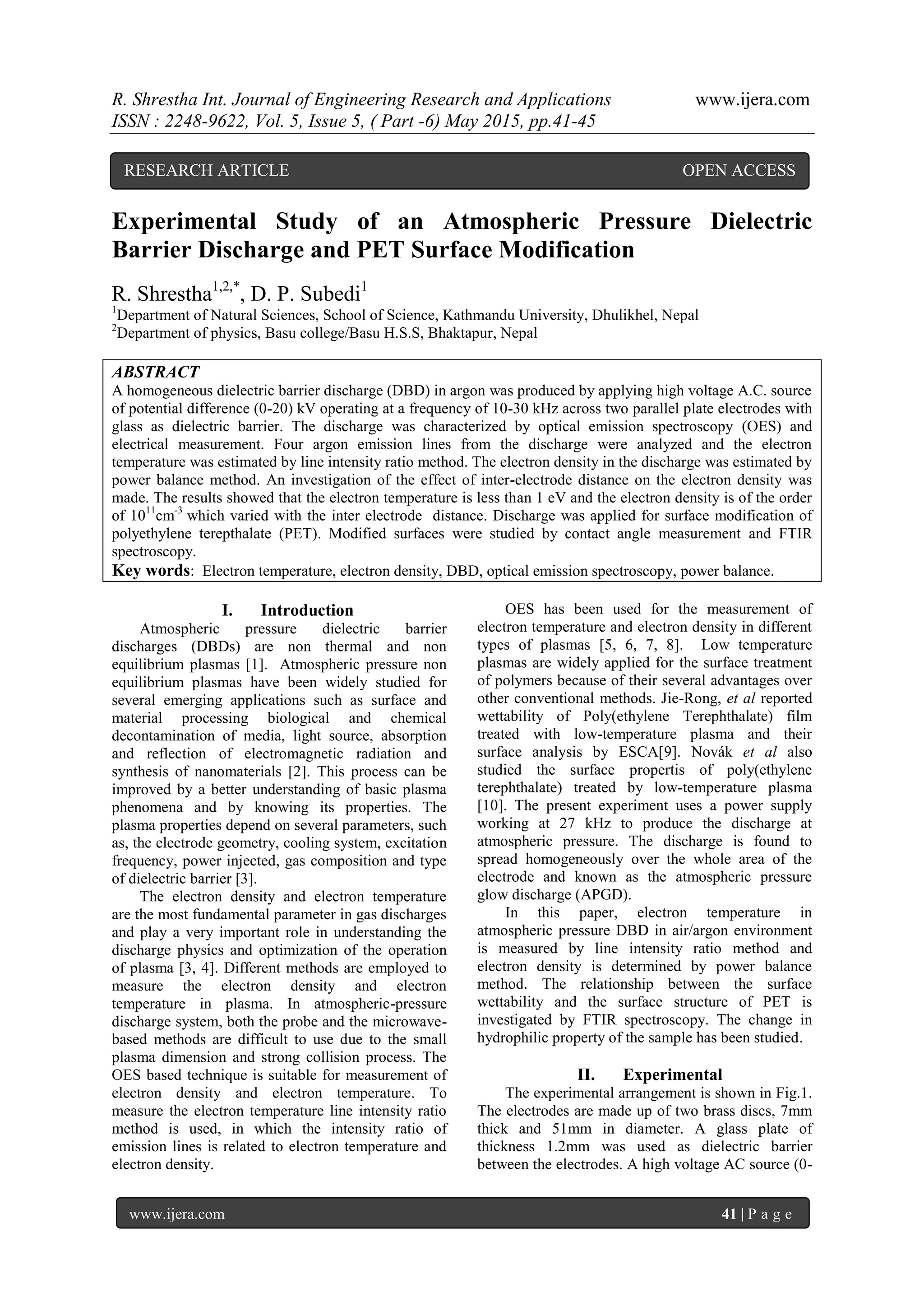 Experimental Study of an Atmospheric Pressure Dielectric Barrier ...