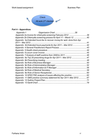 Work based-assignment Business Plan
Farhana Imran 37
Part 4 – Appendices
Appendix 1 Organisaion Chart …………………………38
Appendix 2a Invoice for chlamydia screening February 2012 ...................................39
Appendix 2b Chlamydia screening process for April 11 – March 12 .........................40
Appendix 3a Extended hours fax to recover money for work done from Apr
2011 – Mar 2012 .................................................................................................................41
Appendix 3b Extended hours payments for Apr 2011 – Mar 2012 ............................42
Appendix 4 General Practitioners Report Process .......................................................43
Appendix 5 Health check procedure ...............................................................................44
Appendix 6 Locum cover invoice.....................................................................................45
Appendix 7 Analysis of staff overtime from 2008 to 2011 ...........................................46
Appendix 8a Top 20 prescribing drugs for Apr 2011 – Mar 2012 ..............................47
Appendix 8b Prescribing meeting....................................................................................48
Appendix 9a Role of Business Manager........................................................................50
Appendix 9b Role of Administrative Manager...............................................................52
Appendix 9c Role of Information & IT Manager ............................................................56
Appendix 9d Role of Medical Secretary .........................................................................58
Appendix 9e Role of Senior Receptionist.......................................................................60
Appendix 10 SPECTRE analysis of issues affecting the practice..............................62
Appendix 11 GMS practice summary statement for Apr 2011–Mar 2012 ................67
Appendix 12 Outline Project Plan....................................................................................71
Appendix 13 Gantt Chart ..................................................................................................79
Check
All work 2nd checked
 