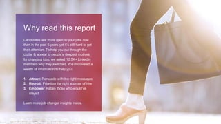 Why read this report
Candidates are more open to your jobs now
than in the past 5 years yet it’s still hard to get
their attention. To help you cut through the
clutter & appeal to people’s deepest motives
for changing jobs, we asked 10.5K+ LinkedIn
members why they switched. We discovered a
wealth of information to help you:
1. Attract: Persuade with the right messages
2. Recruit: Prioritize the right sources of hire
3. Empower: Retain those who would’ve
stayed
Learn more job changer insights inside.
 