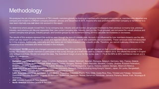 Methodology
We analyzed the job changing behaviors of 7M LinkedIn members globally by looking at members who changed companies (i.e. members who departed one
company and moved to a different company) between January and December of 2014. Anyone who was promoted within their company or transferred to a
new team internally was not taken into account in this report.
To determine where people moved from / to by company size, industry and job function, we grouped members by their previous company size, previous
industry, and previous job title and separately their new current company size, industry, and job title. Once grouped, we com pared the overall previous and
current company size groups, industry groups, and function groups by net movement during 2014 to calculate net increases or decreases.
The results of this analysis represent the world as seen through the lens of LinkedIn data. As such, it is influenced by how members chose to use the site,
which can vary based on professional, social, and regional culture, as well as overall site availability and accessibility. These variances were not accounted
for in the analysis. Additionally, nationality and visa status are not fields included in the LinkedIn profile. Therefore, we cannot make any inferences on the
citizenship of our members who were included in this analysis.
We surveyed 10,536 people who changed companiesbetween Dec 2014 and Mar 2015, as self reported on their LinkedIn profiles and confirmed in the
survey. We invited LinkedIn members to participate in this survey through an e-mail invite sent by LinkedIn in March 2015. We offered the survey in English
only without incentives. We did not weight the data. The theoretical margin of error for this survey was +/- 1% at the 90% to 95% confidence interval and is
higher for sub-groups.
• European countries surveyed: United Kingdom, Netherlands, Ireland, Denmark, Sweden, Romania, Belgium, Germany, Italy, France, Greece,
Switzerland, Finland, Spain, Portugal, Israel, Poland, Turkey, Hungary, Norway, Czech Republic, Slovakia, Croatia, Ukraine, Russian Federation,
Bulgaria, Lithuania, Austria, Luxembourg, Latvia, Slovenia, Bosnia and Herzegovina, Cyprus, Estonia, Iceland, Georgia, Albania & Belarus.
• Asian countries surveyed: Singapore, Philippines, Indonesia, Malaysia, China (including Hong Kong & Taiwan), Japan, Sri Lanka, Bangladesh,
Thailand, Korea, Vietnam, Myanmar, Cambodia, Kazakhstan & Nepal.
• Latin American countries surveyed: Brazil, Mexico, Argentina, Colombia, Puerto Rico, Chile, Costa Rica, Peru, Trinidad and Tobago, Venezuela,
Dominican Republic, Ecuador, Uruguay, El Salvador, Guatemala, Bermuda, Bolivia, Bahamas, Honduras, Jamaica, Panama, Belize, Haiti, Nicaragua &
Suriname.
• ANZ includes Australia & New Zealand.
• North America includes Canada & the USA.
 
