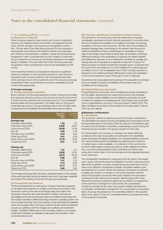 FINANCIAL STATEMENTS
(v) Reduction in interests
When the group ceases to have control, joint control or signiﬁcant
inﬂuence, any retained interest in the entity is remeasured to its fair
value, with the change in carrying amount recognised in proﬁt or
loss. The fair value is the initial carrying amount for the purposes of
subsequently accounting for the retained interest as an associate,
joint venture or ﬁnancial asset. In addition, certain amounts previously
recognised in other comprehensive income in respect of that entity
are accounted for as if the group had directly disposed of the related
assets or liabilities. This may mean that certain amounts previously
recognised in other comprehensive income are reclassiﬁed to proﬁt
or loss.
If the ownership interest in an associate is reduced but signiﬁcant
inﬂuence is retained, or if the ownership interest in a joint venture is
reduced but joint control is retained, only the proportionate share
of the carrying amount of the investment and of the amounts previously
recognised in other comprehensive income are reclassiﬁed to proﬁt
or loss where appropriate.
f) Foreign exchange
(i) Foreign exchange translation
Items included in the ﬁnancial statements of each of the group’s entities
are measured using the currency of the primary economic environment
in which the entity operates (the functional currency). The consolidated
ﬁnancial statements are presented in US dollars which is the group’s
presentational currency. The key exchange rates to the US dollar used
in preparing the consolidated ﬁnancial statements were as follows.
Year ended
31 March
2016
Year ended
31 March
2015
Average rate
Australian dollar (AUD) 1.36 1.15
Colombian peso (COP) 2,922 2,097
Czech koruna (CZK) 24.66 21.56
Euro (€) 0.90 0.78
Peruvian nuevo sol (PEN) 3.29 2.90
Polish zloty (PLN) 3.81 3.26
South African rand (ZAR) 13.78 11.08
Turkish lira (TRY) 2.81 2.22
Closing rate
Australian dollar (AUD) 1.31 1.31
Colombian peso (COP) 3,022 2,576
Czech koruna (CZK) 23.76 25.59
Euro (€) 0.88 0.93
Peruvian nuevo sol (PEN) 3.31 3.10
Polish zloty (PLN) 3.73 3.80
South African rand (ZAR) 14.77 12.13
Turkish lira (TRY) 2.82 2.60
The average exchange rates have been calculated based on the average
of the exchange rates during the relevant year which have been weighted
according to the phasing of revenue of the group’s businesses.
(ii) Transactions and balances
The ﬁnancial statements for each group company have been prepared
on the basis that transactions in foreign currencies are recorded in their
functional currency at the rate of exchange ruling at the date of the
transaction. Monetary items denominated in foreign currencies are
retranslated at the rate of exchange ruling at the balance sheet date with
the resultant translation differences being included in operating proﬁt in the
income statement other than those arising on ﬁnancial assets and liabilities
which are recorded within net ﬁnance costs and those which are deferred
in equity as qualifying cash ﬂow hedges and qualifying net investment
hedges. Translation differences on non-monetary assets such as equity
investments classiﬁed as available for sale assets are included in other
comprehensive income.
(iii) Overseas subsidiaries, associates and joint ventures
One-off items in the income and cash ﬂow statements of overseas
subsidiaries, associates and joint ventures expressed in currencies other
than the US dollar are translated to US dollars at the rates of exchange
prevailing on the day of the transaction. All other items are translated at
weighted average rates of exchange for the relevant reporting period.
Assets and liabilities of these undertakings are translated at closing
rates of exchange at each balance sheet date. All translation exchange
differences arising on the retranslation of opening net assets together
with differences between income statements translated at average and
closing rates are recognised as a separate component of equity. For
these purposes net assets include loans between group companies that
form part of the net investment, for which settlement is neither planned
nor likely to occur in the foreseeable future. When a foreign operation is
disposed of, any related exchange differences in equity are reclassiﬁed
to the income statement as part of the gain or loss on disposal.
Goodwill and fair value adjustments arising on the acquisition of a foreign
entity are treated as assets and liabilities of the foreign entity and
translated at the closing rate.
(iv) Hyperinﬂationary economies
In hyperinﬂationary economies, when translating the results of operations
into US dollars, adjustments are made to local currency denominated
non-monetary assets, liabilities, income statement and equity accounts
to reﬂect the changes in purchasing power. South Sudan was considered
to be a hyperinﬂationary economy in the year ended 31 March 2016. The
effect of inﬂation accounting in South Sudan for the year ended 31 March
2016 was not material.
g) Business combinations
(i) Subsidiaries
The acquisition method is used to account for business combinations.
The identiﬁable net assets (including intangibles) are incorporated into the
ﬁnancial statements on the basis of their fair value from the effective date
of control, and the results of subsidiary undertakings acquired during the
ﬁnancial year are included in the group’s results from that date.
On the acquisition of a company or business, fair values reﬂecting
conditions at the date of acquisition are attributed to the identiﬁable
assets (including intangibles), liabilities and contingent liabilities acquired.
Fair values of these assets and liabilities are determined by reference
to market values, where available, or by reference to the current price
at which similar assets could be acquired or similar obligations entered
into, or by discounting expected future cash ﬂows to present value,
using either market rates or the risk-free rates and risk-adjusted expected
future cash ﬂows.
The consideration transferred is measured as the fair value of the assets
given, equity instruments issued and liabilities incurred or assumed at the
date of the acquisition, and also includes the group’s estimate of the fair
value of any deferred consideration payable. Acquisition-related costs
are expensed as incurred. Where the business combination is achieved
in stages and results in a change in control, the acquisition date fair
value of the acquirer’s previously held equity interest in the acquiree is
remeasured to fair value at the acquisition date through proﬁt or loss.
Where the business combination agreement provides for an adjustment
to the cost that is contingent on future events, the consideration
transferred includes the fair value of any asset or liability resulting from
a contingent consideration arrangement. On an acquisition by acquisition
basis, the group recognises any non-controlling interest in the acquiree
either at fair value or at the non-controlling interest’s proportionate share
of the acquiree’s net assets.
1. Accounting policies continued
Notes to the consolidated financial statements continued
110 SABMiller plc Annual Report 2016
 
