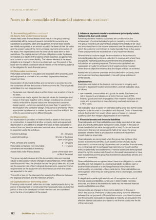 FINANCIAL STATEMENTS
(ii) Assets held under ﬁnance leases
Assets held under ﬁnance leases which result in the group bearing
substantially all the risks and rewards incidental to ownership are
capitalised as property, plant and equipment. Finance lease assets
are initially recognised at an amount equal to the lower of their fair value
and the present value of the minimum lease payments at inception of
the lease, then depreciated over the lower of the lease term or their
useful lives. The capital element of future obligations under the leases
is included as a liability in the balance sheet classiﬁed, as appropriate,
as a current or non-current liability. The interest element of the lease
obligations is charged to the income statement over the period of the
lease term to reﬂect a constant rate of interest on the remaining balance
of the obligation for each ﬁnancial period.
(iii) Returnable containers
Returnable containers in circulation are recorded within property, plant
and equipment at cost net of accumulated depreciation less any
impairment loss.
Depreciation of returnable bottles and containers is recorded to write
the containers off over the course of their economic life. This is typically
undertaken in a two stage process:
− the excess over deposit value is written down over a period of one to
10 years.
– provisions are made against the deposit values for breakages and
losses in the trade together with a design obsolescence provision
held to write off the deposit value over the expected container
design period – which is a period of no more than 14 years from
the inception of a container design. This period is shortened where
appropriate by reference to market dynamics and the ability of the
entity to use containers for different brands.
(iv) Depreciation
No depreciation is provided on freehold land or assets in the course
of construction. In respect of all other property, plant and equipment,
depreciation is provided on a straight-line basis at rates calculated to
write off the cost, less the estimated residual value, of each asset over
its expected useful life as follows.
Freehold buildings 20 – 50 years
Leasehold buildings Shorter of the lease
term or 50 years
Plant, vehicles and systems 2 – 30 years
Returnable containers (non-returnable 1 – 14 years
containers are recorded as inventory)
Assets held under ﬁnance leases Lower of the lease term
or life of the asset
The group regularly reviews all of its depreciation rates and residual
values to take account of any changes in circumstances. When setting
useful economic lives, the principal factors the group takes into account
are the expected rate of technological developments, expected market
requirements for the equipment and the intensity at which the assets
are expected to be used.
The proﬁt or loss on the disposal of an asset is the difference between
the disposal proceeds and the net book amount.
(v) Capitalisation of borrowing costs
Financing costs incurred, before tax, on major capital projects during the
period of development or construction that necessarily take a substantial
period of time to be developed for their intended use, are capitalised
up to the time of completion of the project.
j) Advance payments made to customers (principally hotels,
restaurants, bars and clubs)
Advance payments made to customers are conditional on the
achievement of contracted sales targets or marketing commitments.
The group records such payments as prepayments initially at fair value
and amortises them in the income statement over the relevant period to
which the customer commitment is made (typically three to ﬁve years).
These prepayments are recorded net of any impairment losses.
Where there is a volume target the amortisation of the advance is
included in sales discounts as a reduction to revenue and where there
are speciﬁc marketing activities/commitments the amortisation is
included as an operating expense. The amounts capitalised are
reassessed annually for achievement of targets and are impaired
where there is objective evidence that the targets will not be achieved.
Assets held at customer premises are included within property, plant
and equipment and are depreciated in line with group policies on
similar assets.
k) Inventories
Inventories are stated at the lower of cost incurred in bringing each
product to its present location and condition, and net realisable value,
as follows.
− raw materials, consumables and goods for resale: Purchase cost
net of discounts and rebates on a ﬁrst-in ﬁrst-out basis (FIFO).
– ﬁnished goods and work in progress: Raw material cost plus direct
costs and a proportion of manufacturing overhead expenses on
a FIFO basis.
Net realisable value is based on estimated selling price less further costs
expected to be incurred to completion and disposal. Costs of inventories
include the transfer from equity of any gains or losses on matured
qualifying cash ﬂow hedges of purchases of raw materials.
l) Financial assets and ﬁnancial liabilities
Financial assets and ﬁnancial liabilities are initially recorded at fair value
(plus any directly attributable transaction costs, except in the case of
those classiﬁed at fair value through proﬁt or loss). For those ﬁnancial
instruments that are not subsequently held at fair value, the group
assesses whether there is any objective evidence of impairment
at each balance sheet date.
Financial assets are recognised when the group has rights or other
access to economic beneﬁts. Such assets consist of cash, equity
instruments, a contractual right to receive cash or another ﬁnancial asset,
or a contractual right to exchange ﬁnancial instruments with another
entity on potentially favourable terms. Financial assets are derecognised
when the right to receive cash ﬂows from the asset have expired or have
been transferred and the group has transferred substantially all risks and
rewards of ownership.
Financial liabilities are recognised when there is an obligation to transfer
beneﬁts and that obligation is a contractual liability to deliver cash or
another ﬁnancial asset or to exchange ﬁnancial instruments with
another entity on potentially unfavourable terms. Financial liabilities are
derecognised when they are extinguished, that is discharged, cancelled
or expired.
If a legally enforceable right exists to set off recognised amounts of
ﬁnancial assets and liabilities, which are in determinable monetary
amounts, and there is the intention to settle net, the relevant ﬁnancial
assets and liabilities are offset.
Interest costs are charged to the income statement in the year in
which they accrue. Premiums or discounts arising from the difference
between the net proceeds of ﬁnancial instruments purchased or issued
and the amounts receivable or repayable at maturity are included in the
effective interest calculation and taken to net ﬁnance costs over the life
of the instrument.
1. Accounting policies continued
Notes to the consolidated financial statements continued
112 SABMiller plc Annual Report 2016
 
