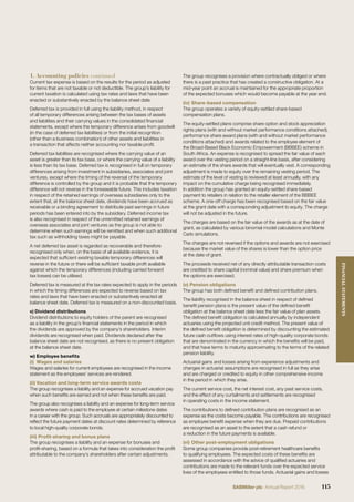 Current tax expense is based on the results for the period as adjusted
for items that are not taxable or not deductible. The group’s liability for
current taxation is calculated using tax rates and laws that have been
enacted or substantively enacted by the balance sheet date.
Deferred tax is provided in full using the liability method, in respect
of all temporary differences arising between the tax bases of assets
and liabilities and their carrying values in the consolidated ﬁnancial
statements, except where the temporary difference arises from goodwill
(in the case of deferred tax liabilities) or from the initial recognition
(other than a business combination) of other assets and liabilities in
a transaction that affects neither accounting nor taxable proﬁt.
Deferred tax liabilities are recognised where the carrying value of an
asset is greater than its tax base, or where the carrying value of a liability
is less than its tax base. Deferred tax is recognised in full on temporary
differences arising from investment in subsidiaries, associates and joint
ventures, except where the timing of the reversal of the temporary
difference is controlled by the group and it is probable that the temporary
difference will not reverse in the foreseeable future. This includes taxation
in respect of the retained earnings of overseas subsidiaries only to the
extent that, at the balance sheet date, dividends have been accrued as
receivable or a binding agreement to distribute past earnings in future
periods has been entered into by the subsidiary. Deferred income tax
is also recognised in respect of the unremitted retained earnings of
overseas associates and joint ventures as the group is not able to
determine when such earnings will be remitted and when such additional
tax such as withholding taxes might be payable.
A net deferred tax asset is regarded as recoverable and therefore
recognised only when, on the basis of all available evidence, it is
expected that sufﬁcient existing taxable temporary differences will
reverse in the future or there will be sufﬁcient taxable proﬁt available
against which the temporary differences (including carried forward
tax losses) can be utilised.
Deferred tax is measured at the tax rates expected to apply in the periods
in which the timing differences are expected to reverse based on tax
rates and laws that have been enacted or substantively enacted at
balance sheet date. Deferred tax is measured on a non-discounted basis.
v) Dividend distributions
Dividend distributions to equity holders of the parent are recognised
as a liability in the group’s ﬁnancial statements in the period in which
the dividends are approved by the company’s shareholders. Interim
dividends are recognised when paid. Dividends declared after the
balance sheet date are not recognised, as there is no present obligation
at the balance sheet date.
w) Employee beneﬁts
(i) Wages and salaries
Wages and salaries for current employees are recognised in the income
statement as the employees’ services are rendered.
(ii) Vacation and long-term service awards costs
The group recognises a liability and an expense for accrued vacation pay
when such beneﬁts are earned and not when these beneﬁts are paid.
The group also recognises a liability and an expense for long-term service
awards where cash is paid to the employee at certain milestone dates
in a career with the group. Such accruals are appropriately discounted to
reﬂect the future payment dates at discount rates determined by reference
to local high-quality corporate bonds.
(iii) Proﬁt-sharing and bonus plans
The group recognises a liability and an expense for bonuses and
proﬁt-sharing, based on a formula that takes into consideration the proﬁt
attributable to the company’s shareholders after certain adjustments.
The group recognises a provision where contractually obliged or where
there is a past practice that has created a constructive obligation. At a
mid-year point an accrual is maintained for the appropriate proportion
of the expected bonuses which would become payable at the year end.
(iv) Share-based compensation
The group operates a variety of equity-settled share-based
compensation plans.
The equity-settled plans comprise share option and stock appreciation
rights plans (with and without market performance conditions attached),
performance share award plans (with and without market performance
conditions attached) and awards related to the employee element of
the Broad-Based Black Economic Empowerment (BBBEE) scheme in
South Africa. An expense is recognised to spread the fair value of each
award over the vesting period on a straight-line basis, after considering
an estimate of the share awards that will eventually vest. A corresponding
adjustment is made to equity over the remaining vesting period. The
estimate of the level of vesting is reviewed at least annually, with any
impact on the cumulative charge being recognised immediately.
In addition the group has granted an equity-settled share-based
payment to retailers in relation to the retailer element of the BBBEE
scheme. A one-off charge has been recognised based on the fair value
at the grant date with a corresponding adjustment to equity. The charge
will not be adjusted in the future.
The charges are based on the fair value of the awards as at the date of
grant, as calculated by various binomial model calculations and Monte
Carlo simulations.
The charges are not reversed if the options and awards are not exercised
because the market value of the shares is lower than the option price
at the date of grant.
The proceeds received net of any directly attributable transaction costs
are credited to share capital (nominal value) and share premium when
the options are exercised.
(v) Pension obligations
The group has both deﬁned beneﬁt and deﬁned contribution plans.
The liability recognised in the balance sheet in respect of deﬁned
beneﬁt pension plans is the present value of the deﬁned beneﬁt
obligation at the balance sheet date less the fair value of plan assets.
The deﬁned beneﬁt obligation is calculated annually by independent
actuaries using the projected unit credit method. The present value of
the deﬁned beneﬁt obligation is determined by discounting the estimated
future cash outﬂows using interest rates of high-quality corporate bonds
that are denominated in the currency in which the beneﬁts will be paid,
and that have terms to maturity approximating to the terms of the related
pension liability.
Actuarial gains and losses arising from experience adjustments and
changes in actuarial assumptions are recognised in full as they arise
and are charged or credited to equity in other comprehensive income
in the period in which they arise.
The current service cost, the net interest cost, any past service costs,
and the effect of any curtailments and settlements are recognised
in operating costs in the income statement.
The contributions to deﬁned contribution plans are recognised as an
expense as the costs become payable. The contributions are recognised
as employee beneﬁt expense when they are due. Prepaid contributions
are recognised as an asset to the extent that a cash refund or
a reduction in the future payments is available.
(vi) Other post-employment obligations
Some group companies provide post-retirement healthcare beneﬁts
to qualifying employees. The expected costs of these beneﬁts are
assessed in accordance with the advice of qualiﬁed actuaries and
contributions are made to the relevant funds over the expected service
lives of the employees entitled to those funds. Actuarial gains and losses
1. Accounting policies continued
115SABMiller plc Annual Report 2016
FINANCIALSTATEMENTS
 