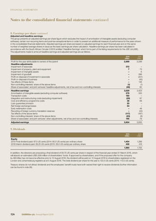FINANCIAL STATEMENTS
8. Earnings per share continued
Adjusted and headline earnings
The group presents an adjusted earnings per share ﬁgure which excludes the impact of amortisation of intangible assets (excluding computer
software), certain non-recurring items and post-tax exceptional items in order to present an additional measure of performance for the years shown
in the consolidated ﬁnancial statements. Adjusted earnings per share are based on adjusted earnings for each ﬁnancial year and on the same
number of weighted average shares in issue as the basic earnings per share calculation. Headline earnings per share has been calculated in
accordance with the South African Circular 2/2015 entitled ‘Headline Earnings’ which forms part of the listing requirements for the JSE Ltd (JSE).
The adjustments made to arrive at headline earnings and adjusted earnings are as follows.
2016
US$m
2015
US$m
Proﬁt for the year attributable to owners of the parent 2,699 3,299
Headline adjustments
Impairment of associate 372 –
Impairment of property, plant and equipment 7 73
Impairment of intangible assets – 6
Impairment of goodwill – 286
Proﬁt on disposal of investment in associate – (401)
Proﬁt on disposal of business – (45)
Tax effects of these items – 146
Non-controlling interests’ share of the above items (1) (1)
Share of associates’ and joint ventures’ headline adjustments, net of tax and non-controlling interests (48) 60
Headline earnings 3,029 3,423
Amortisation of intangible assets (excluding computer software) 279 335
Transaction costs 160 –
Integration and restructuring costs (excluding impairment) (29) 87
Cost and efﬁciency programme costs 36 69
Loan guarantee provision 20 –
Net foreign exchange losses 54 –
Early redemption costs – 48
Recycling of foreign currency translation reserves – (33)
Tax effects of the above items (117) (167)
Non-controlling interests’ share of the above items (23) (6)
Share of associates’ and joint ventures’ other adjustments, net of tax and non-controlling interests 195 79
Adjusted earnings 3,604 3,835
9. Dividends
2016
US$m
2015
US$m
Equity
2015 Final dividend paid: 87.0 US cents (2014: 80.0 US cents) per ordinary share 1,404 1,289
2016 Interim dividend paid: 28.25 US cents (2015: 26.0 US cents) per ordinary share 456 416
1,860 1,705
In addition, the directors are proposing a ﬁnal dividend of 93.75 US cents per share in respect of the ﬁnancial year ended 31 March 2016, which
will absorb an estimated US$1,509 million of shareholders’ funds. If approved by shareholders, and if the proposed offer for the company
by AB InBev has not become effective prior to 12 August 2016, the dividend will be paid on 12 August 2016 to shareholders registered on the
London and Johannesburg registers as at 5 August 2016. The total dividend per share for the year is 122.0 US cents (2015: 113.0 US cents).
Treasury shares do not attract dividends and the employees’ beneﬁt trusts have both waived their right to receive dividends (further information
can be found in note 26).
Notes to the consolidated financial statements continued
126 SABMiller plc Annual Report 2016
 
