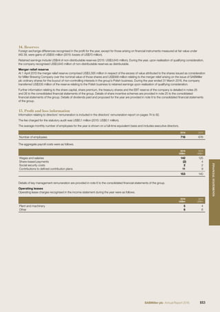 14. Reserves
Foreign exchange differences recognised in the proﬁt for the year, except for those arising on ﬁnancial instruments measured at fair value under
IAS 39, were gains of US$55 million (2015: losses of US$70 million).
Retained earnings include US$nil of non-distributable reserves (2015: US$3,645 million). During the year, upon realisation of qualifying consideration,
the company recognised US$3,645 million of non-distributable reserves as distributable.
Merger relief reserve
At 1 April 2015 the merger relief reserve comprised US$3,395 million in respect of the excess of value attributed to the shares issued as consideration
for Miller Brewing Company over the nominal value of those shares and US$568 million relating to the merger relief arising on the issue of SABMiller
plc ordinary shares for the buyout of non-controlling interests in the group’s Polish business. During the year ended 31 March 2016, the company
transferred US$335 million of the reserve relating to the Polish business to retained earnings upon realisation of qualifying consideration.
Further information relating to the share capital, share premium, the treasury shares and the EBT reserve of the company is detailed in notes 25
and 26 to the consolidated ﬁnancial statements of the group. Details of share incentive schemes are provided in note 25 to the consolidated
ﬁnancial statements of the group. Details of dividends paid and proposed for the year are provided in note 9 to the consolidated ﬁnancial statements
of the group.
15. Profit and loss information
Information relating to directors’ remuneration is included in the directors’ remuneration report on pages 74 to 92.
The fee charged for the statutory audit was US$0.1 million (2015: US$0.1 million).
The average monthly number of employees for the year is shown on a full-time equivalent basis and includes executive directors.
2016 2015
Number of employees 716 676
The aggregate payroll costs were as follows.
2016
US$m
2015
US$m
Wages and salaries 142 125
Share-based payments (2) 4
Social security costs 2 2
Contributions to deﬁned contribution plans 11 9
153 140
Details of key management remuneration are provided in note 6 to the consolidated ﬁnancial statements of the group.
Operating leases
Operating lease charges recognised in the income statement during the year were as follows.
2016
US$m
2015
US$m
Plant and machinery 5 4
Other 6 6
183SABMiller plc Annual Report 2016
FINANCIALSTATEMENTS
 