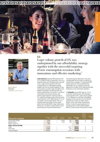 Financial summary
Reported
2015
Net
acquisitions
and disposals
Currency
translation
Organic
growth
Reported
2016
Organic,
constant
currency
growth
%
Reported
growth
%
Group NPR (US$m) 5,768 – (1,020) 463 5,211 8 (10)
EBITA (US$m) 2,224 – (431) 166 1,959 7 (12)
EBITA margin (%) 38.6 37.6
Sales volumes (hl 000)
Lager 44,156 – 2,471 46,627 6 6
Soft drinks 19,865 – 747 20,612 4 4
Total beverages 64,021 – 3,218 67,239 5 5
Latin America reported NPR growth of 8%
on a constant currency basis (down 10% on a
reported basis), with beverage volume growth
of 5%. Lager volume growth of 6% was
underpinned by our affordability strategy
together with the successful targeting of new
consumption occasions with innovations and
effective marketing. Our NPR growth was
further supported by momentum in our above
mainstream and premium brands, with
premium lager segment volume growth of
7%, together with lager pricing and soft drinks
volume growth of 4%. EBITA growth of 7% on
a constant currency basis (down 12% on a
reported basis) was driven by the topline
performance while EBITA margin declined by
20 bps on a constant currency basis as cost
productivity and improved efﬁciencies in
manufacturing and distribution only partly
compensated for the currency pressure on
imported raw materials. The reported EBITA
margin decline of 100 bps reﬂected the
depreciation of our operating currencies
against the US dollar, which disproportionately
impacted our key Colombian operation.
In Colombia, group NPR grew by 11% on
a constant currency basis, with beverage
volume growth of 8%. Lager volume growth
of 11% reﬂected our bulk pack affordability
strategy and the success of our enhanced
sales service model. Our lager volume
growth, which was further supported by
shifts in consumer spending away from
durable goods, and favourable weather,
lifted our volume share of the alcohol market
Karl Lippert
President,
SABMiller Latin America
Lager volume growth of 6% was
underpinned by our affordability strategy
together with the successful targeting
of new consumption occasions with
innovations and effective marketing.”
STRATEGICREPORT
19SABMiller plc Annual Report 2016
 