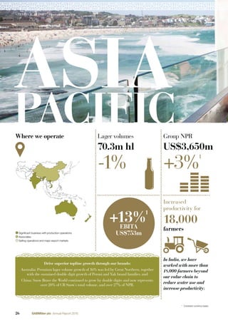 ASIA
PACIFIC
In India, we have
worked with more than
18,000 farmers beyond
our value chain to
reduce water use and
increase productivity.
Increased
productivity for
18,000
farmers
Where we operate
Signiﬁcant business with production operations
Associates
Selling operations and major export markets
+3%
1
Group NPR
US$3,650m
+13%
1
EBITA
US$753m
Lager volumes
70.3m hl
-1%
Drive superior topline growth through our brands:
Australia: Premium lager volume growth of 16% was led by Great Northern, together
with the sustained double digit growth of Peroni and Yak brand families; and
China: Snow Brave the World continued to grow by double digits and now represents
over 20% of CR Snow’s total volume, and over 27% of NPR.
26 SABMiller plc Annual Report 2016
1
Constant currency basis.
26 SABMiller plc Annual Report 2016
STRATEGIC REPORT |Operations review
 