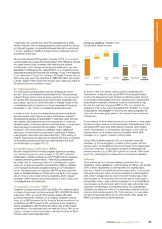 of disposals. We consider that using this basis provides a better
relative measure of the underlying operating performance and trends,
and allows for greater comparability between operations, particularly
in times of signiﬁcant volatility in foreign currency exchange rates as
experienced in the year.
We achieved adjusted EPS growth in the year of 12% on a constant
currency basis, as a result of increased group NPR, efﬁciency savings
and lower ﬁnance costs. However, after reﬂecting the adverse
translational impact of foreign exchange rate movements, reported
adjusted EPS declined by 6%. Adjusted EPS on a constant currency
basis and excluding the prior year net earnings impact of the disposal
of our investment in Tsogo Sun Holdings Ltd (Tsogo Sun) was also up
12% on the prior year. Free cash ﬂow at US$2,969 million was robust
but was US$264 million lower than the prior year, mainly as a result of
the adverse currency translation impact.
Accounting policies
The principal accounting policies used by the group are shown
as note 1 to the consolidated ﬁnancial statements. The accounting
policies followed are the same as those used in the prior year except
for the new IFRS interpretations and amendments adopted by the
group since 1 April 2015, which have had no material impact on the
consolidated results of operations or ﬁnancial position of the group,
as detailed in note 1 to the consolidated ﬁnancial statements.
In addition, note 1 to the consolidated ﬁnancial statements details
the areas where a high degree of judgement has been applied in
the selection of a policy, an assumption or estimates used. We have
reconsidered the judgements and estimates applied, in particular
the determination of exceptional items and share-based compensation,
where we have not assumed the completion of the AB InBev
transaction. We have included an additional area of judgement
with regard to share-based compensation, particularly in relation
to judgements made about the extent and timing of the vesting of
awards. These areas of judgement are aligned with those considered
by the audit committee and which are reported within the audit
committee report on pages 70 to 73.
Key performance indicators (KPIs)
We use a range of KPIs to monitor progress against our strategy
and our ﬁnancial goal, as noted on page 15. Our KPIs and other
performance indicators include non-GAAP performance measures
to assess underlying performance. These incorporate constant
exchange rates for measuring revenue and proﬁt growth; organic
measures to exclude acquisition and divestment effects; adjusted
proﬁt measures to exclude exceptional items and amortisation of
certain intangible assets; and adjusted EBITDA as a key cash ﬂow
measure. Detailed deﬁnitions of these terms can be found on pages
192 and 193, and for certain items reconciliations to the nearest
equivalent GAAP measure are provided below or in the notes to the
consolidated ﬁnancial statements.
Net producer revenue (NPR)
Group net producer revenue (NPR) was US$24,149 million (including
our share of associates’ and joint ventures’ NPR of US$9,254 million),
a decrease of 8%, as a result of the adverse impact of foreign
currency movements. However, on an organic, constant currency
basis, group NPR increased by 5% driven by the performance of our
subsidiaries with NPR growth of 8%, particularly in our developing
market operations in Latin America and Africa, with a more muted
performance in our associates and joint ventures. Group NPR on an
organic, constant currency basis grew in all regions except for North
America, which was marginally down.
Group net producer revenue US$m
Components of performance
2016
(reported)
Acquisitions2016
(organic)
CurrencyPrice/
mix
Volume20151
24,087 0.2% 24,149
(13.5)%3.4%
2.1%
26,176
1
Adjusted for disposals.
As shown in the chart above, volume growth contributed a 2%
improvement on the prior year group NPR. Price/mix gains added
a further 3% improvement with all divisions delivering gains, through
a combination of favourable brand mix, selective price increases and
improved price realisation. However, currency movements during
the year reduced reported group NPR by 13%, as a result of the
weakening of all our key currencies against the US dollar. The impact
of acquisitions was negligible on the prior year base as adjusted for
disposals, which principally related to the disposal of our investment
in Tsogo Sun.
Group revenue, which includes excise and our share of our associates’
and joint ventures’ revenue on the same basis, declined broadly in line
with group NPR (down 9%), while statutory revenue, which relates
only to the revenue of our subsidiaries, decreased by 10%, with the
declines driven by the adverse currency translation effect. Both
increased on an organic, constant currency basis.
Group NPR per hl decreased by 10% on a reported basis and
increased by 3% on an organic, constant currency basis, with the
primary reason for the difference being the impact of the depreciation
of our key currencies. On an organic, constant currency basis all
divisions recorded group NPR per hl growth as a result of favourable
brand mix, selective price increases and improved price realisation.
Volumes
Good volume performance was delivered particularly from our
developing market operations in Latin America and Africa, with growth
of 5% and 6% respectively on both reported and organic bases.
Volumes in Asia Paciﬁc and North America were down 1% as a result
of tough industry and macro-economic headwinds in China and the
USA, while in Europe volumes were in line with the prior year. Total
volumes grew by 2% compared with the prior year on both organic
and reported bases. Lager volumes increased by 1% and soft drinks
volumes grew by 6% compared with the prior year, with similar rates
of growth on both organic and reported bases. On a subsidiaries
only basis, excluding our share of our associates’ and joint ventures’
volumes, total volumes grew by 5%. Total volumes in our associates
and joint ventures decreased by 2% with Anadolu Efes, Castel and
MillerCoors experiencing volume declines.
STRATEGICREPORT
39SABMiller plc Annual Report 2016
 
