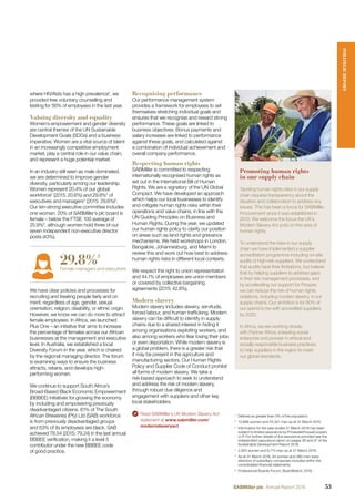 Promoting human rights
in our supply chain
Tackling human rights risks in our supply
chain requires transparency about the
situation and collaboration to address any
issues. This has been a focus for SABMiller
Procurement since it was established in
2010. We welcome the focus the UK’s
Modern Slavery Act puts on this area of
human rights.
To understand the risks in our supply
chain we have implemented a supplier
accreditation programme including on-site
audits of high-risk suppliers. We understand
that audits have their limitations, but believe
that by helping suppliers to address gaps
in their risk management processes, and
by accelerating our support for Prosper,
we can reduce the risk of human rights
violations, including modern slavery, in our
supply chains. Our ambition is for 80% of
our spend to be with accredited suppliers
by 2020.
In Africa, we are working closely
with Partner Africa, a leading social
enterprise and pioneer in ethical and
socially responsible business practices,
to help suppliers in the region to meet
our global standards.
1
Deﬁned as greater than 5% of the population.
2
13,896 women and 54,321 men as at 31 March 2016.
3
Information for the year ended 31 March 2016 has been
subject to limited assurance by PricewaterhouseCoopers
LLP. For further details of the assurance provided see the
independent assurance report on pages 36 and 37 of the
Sustainable Development Report 2016.
4
2,855 women and 6,715 men as at 31 March 2016.
5
As at 31 March 2016, 64 women and 360 men were
directors of subsidiary companies included within the
consolidated ﬁnancial statements.
6
Professional Boards Forum, BoardWatch, 2016.
Recognising performance
Our performance management system
provides a framework for employees to set
themselves stretching individual goals and
ensures that we recognise and reward strong
performance. These goals are linked to
business objectives. Bonus payments and
salary increases are linked to performance
against these goals, and calculated against
a combination of individual achievement and
overall company performance.
Respecting human rights
SABMiller is committed to respecting
internationally recognised human rights as
set out in the International Bill of Human
Rights. We are a signatory of the UN Global
Compact. We have developed an approach
which helps our local businesses to identify
and mitigate human rights risks within their
operations and value chains, in line with the
UN Guiding Principles on Business and
Human Rights. During the year, we updated
our human rights policy to clarify our position
on areas such as land rights and grievance
mechanisms. We held workshops in London,
Bangalore, Johannesburg, and Miami to
review this and work out how best to address
human rights risks in different local contexts.
We respect the right to union representation
and 44.1% of employees are union members
or covered by collective bargaining
agreements (2015: 42.8%).
Modern slavery
Modern slavery includes slavery, servitude,
forced labour, and human trafﬁcking. Modern
slavery can be difﬁcult to identify in supply
chains due to a shared interest in hiding it
among organisations exploiting workers, and
also among workers who fear losing their jobs
or even deportation. While modern slavery is
a global problem, there is a greater risk that
it may be present in the agriculture and
manufacturing sectors. Our Human Rights
Policy and Supplier Code of Conduct prohibit
all forms of modern slavery. We take a
risk-based approach to seek to understand
and address the risk of modern slavery,
through robust due diligence and
engagement with suppliers and other key
local stakeholders.
Read SABMiller’s UK Modern Slavery Act
statement at www.sabmiller.com/
modernslaveryact
where HIV/Aids has a high prevalence1
, we
provided free voluntary counselling and
testing for 56% of employees in the last year.
Valuing diversity and equality
Women’s empowerment and gender diversity
are central themes of the UN Sustainable
Development Goals (SDGs) and a business
imperative. Women are a vital source of talent
in an increasingly competitive employment
market, play a central role in our value chain,
and represent a huge potential market.
In an industry still seen as male dominated,
we are determined to improve gender
diversity, particularly among our leadership.
Women represent 20.4% of our global
workforce2
(2015: 20.6%) and 29.8%3
of
executives and managers4
(2015: 29.6%)5
.
Our ten-strong executive committee includes
one woman. 20% of SABMiller’s plc board is
female – below the FTSE 100 average of
25.9%6
, although women hold three of our
seven independent non-executive director
posts (43%).
29.8%3
Female managers and executives
We have clear policies and processes for
recruiting and treating people fairly and on
merit, regardless of age, gender, sexual
orientation, religion, disability, or ethnic origin.
However, we know we can do more to attract
female employees. In Africa, we launched
Plus One – an initiative that aims to increase
the percentage of females across our African
businesses at the management and executive
level. In Australia, we established a local
Diversity Forum in the year, which is chaired
by the regional managing director. The forum
is examining ways to ensure the business
attracts, retains, and develops high-
performing women.
We continue to support South Africa’s
Broad-Based Black Economic Empowerment
(BBBEE) initiatives for growing the economy
by including and empowering previously
disadvantaged citizens. 81% of The South
African Breweries (Pty) Ltd (SAB) workforce
is from previously disadvantaged groups
and 63% of its employees are black. SAB
achieved 78.54 (2015: 79.24) in the last annual
BBBEE veriﬁcation, making it a level 5
contributor under the new BBBEE code
of good practice.
STRATEGICREPORT
53SABMiller plc Annual Report 2016
 