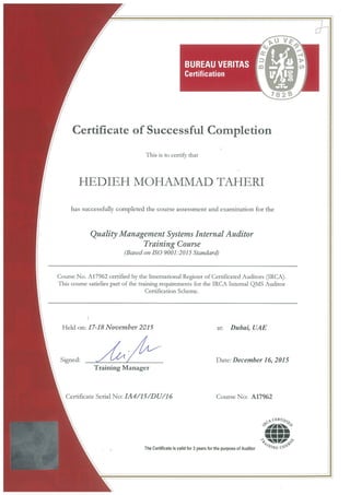 QMS and Internal Auditor ISO 9001 Certificate