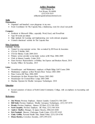 Ashley Donahue
1809 Wheeler St.
Fort Wayne, IN 46808
(231) 818-5919
ashleymorgandonahue@hotmail.com
Skills
Organization
 Organized and launched a new playgroup in my area
 Event Coordinator for The Cupcake Run, a fundraising event for a local non-profit
Computer
 Proficient in Microsoft Office, especially Word, Excel, and PowerPoint
 Type 60 words per minute
 High Aptitude for Learning and Implementing new work-relevant programs
 Created a functional website for The Cupcake Run
Prior Experience
Customer Service
 Trained by a top customer service firm as ranked by JD Power & Associates
 CSA for T-Mobile 2005
 CSA for Blarney Castle 2009-2010
 Primary service provider as top inside worker at BC Pizza 2006-2009
 Clerk at Alanson Laundry Center 2010
 Guest Services Representative at Holiday Inn Express and Breakers Resort, 2014
 Security Officer for Securitas, 2015
Labor
 Groundskeeper and Maintenance employee at Maple Ridge Golf Course 2006
 Maintenance employee at Best Western River Terrace 2002-2004
 Pizza Cook at BC Pizza 2006-2009
 Housekeeper for Best Western River Terrace 2002-2003
 Housekeeper for Crooked River Lodge 2005-2006
 Machine Operator for Moeller Aerospace Technologies 2010
Education
 Several semesters of classes at North Central Community College, with an emphasis on Accounting and
Business
References
 Jim Moran, Previous Employer, Alanson Laundry Center(231) 548-2205
 Bill Stahl, Previous Employer, Moeller Aerospace Technologies, (231) 347-9575
 Dennis, Previous Employer, Alanson EZ Mart, (231) 548-3830
 Scott Luepnitz, Previous Employer, BC Pizza, (231) 548-3636
 Andrew Shaffer, Manager, St. Ignace Resorts, (906) 643-0200
 Deb Turnbull, Director, Cheboygan Youth Center, (231) 597-0185
 Cindy Griffin, Personal Health Aide, Daniel Fisher, (231) 529-6740
 Diana Harden, Coworker, Securitas, (307) 299-6316
 