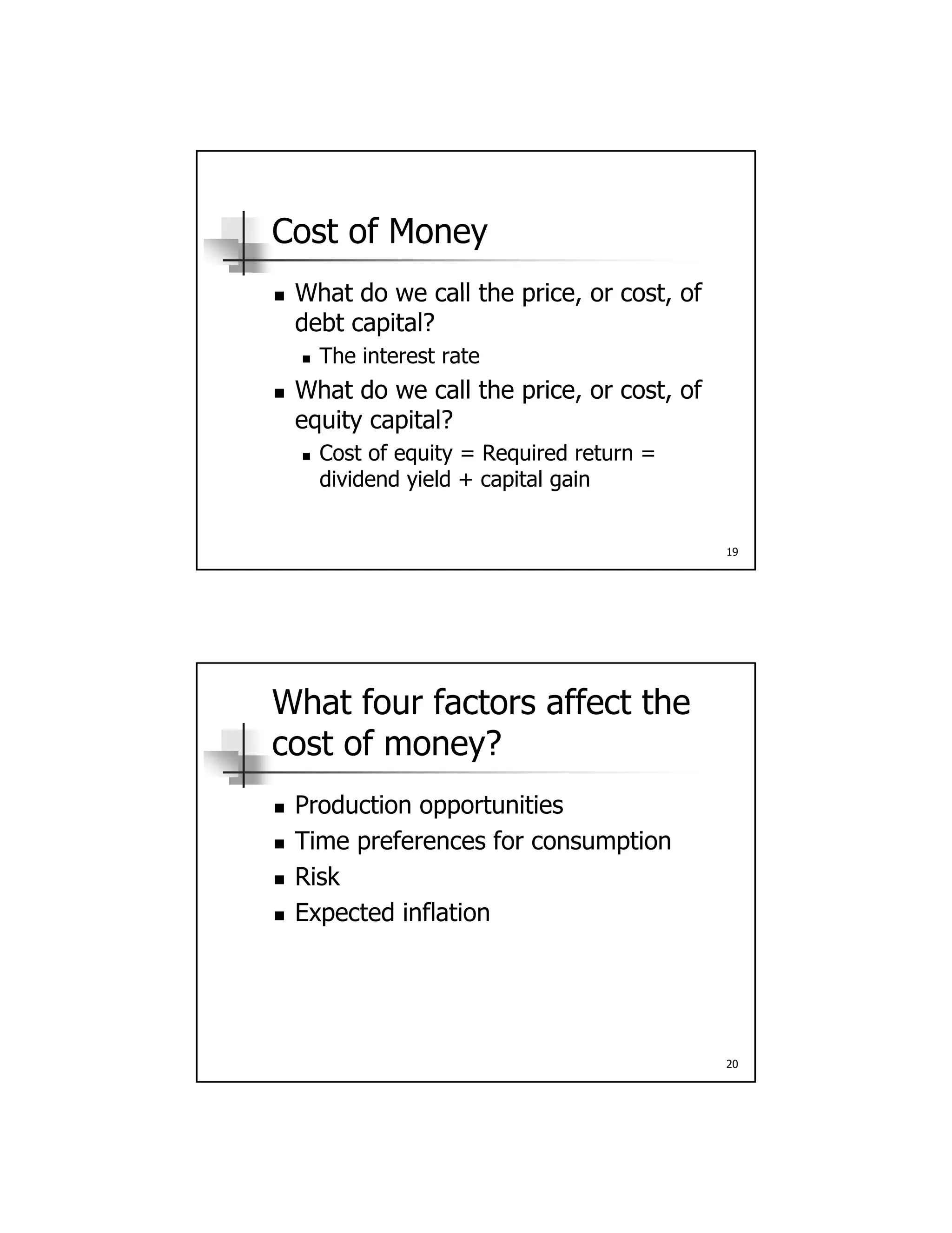 Cost of Money
What do we call the price or cost of What do we call the price, or cost, of
debt capital?
 The interest rate
 What do we call the price, or cost, of
equity capital?
19
q y p
 Cost of equity = Required return =
dividend yield + capital gain
What four factors affect the
cost of money?
Production opportunities Production opportunities
 Time preferences for consumption
 Risk
 Expected inflation
20
 