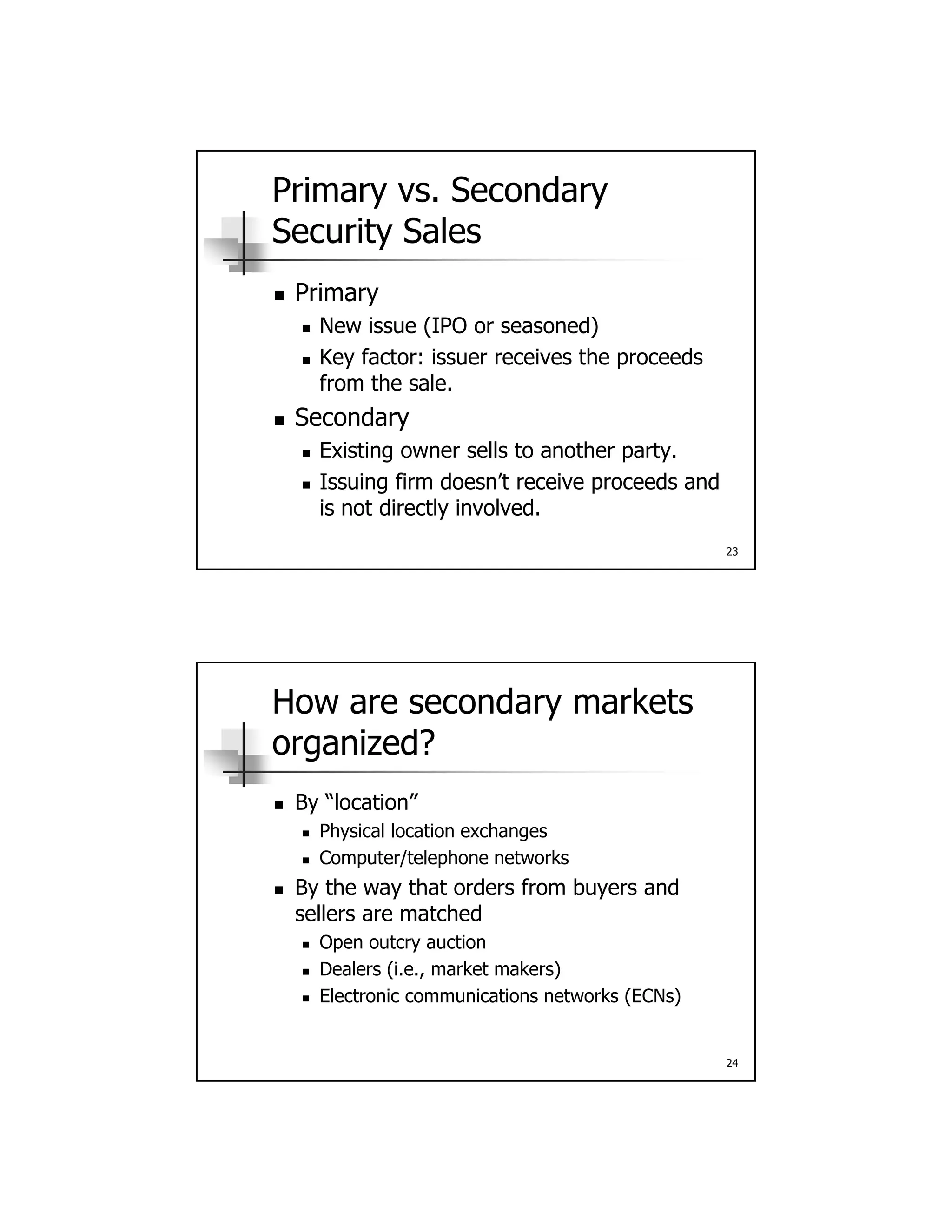 Primary vs. Secondary
Security Sales
Primary Primary
 New issue (IPO or seasoned)
 Key factor: issuer receives the proceeds
from the sale.
 Secondary
23
y
 Existing owner sells to another party.
 Issuing firm doesn’t receive proceeds and
is not directly involved.
How are secondary markets
organized?
 By “location” By location
 Physical location exchanges
 Computer/telephone networks
 By the way that orders from buyers and
sellers are matched
Open outcry auction
24
 Open outcry auction
 Dealers (i.e., market makers)
 Electronic communications networks (ECNs)
 