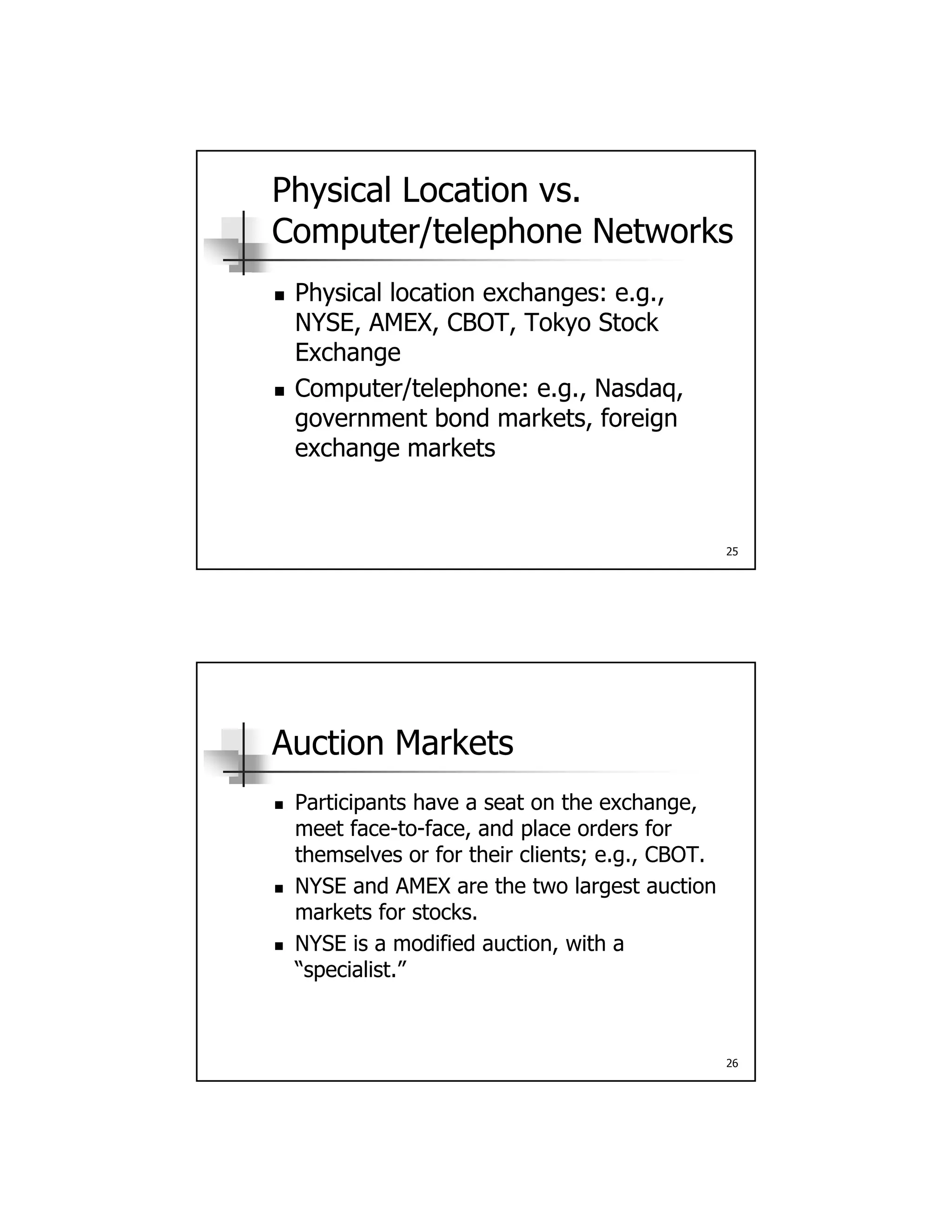 Physical Location vs.
Computer/telephone Networks
Physical location exchanges: e g Physical location exchanges: e.g.,
NYSE, AMEX, CBOT, Tokyo Stock
Exchange
 Computer/telephone: e.g., Nasdaq,
government bond markets, foreign
25
g , g
exchange markets
Auction Markets
 Participants have a seat on the exchange Participants have a seat on the exchange,
meet face-to-face, and place orders for
themselves or for their clients; e.g., CBOT.
 NYSE and AMEX are the two largest auction
markets for stocks.
NYSE is a modified auction with a
26
 NYSE is a modified auction, with a
“specialist.”
 