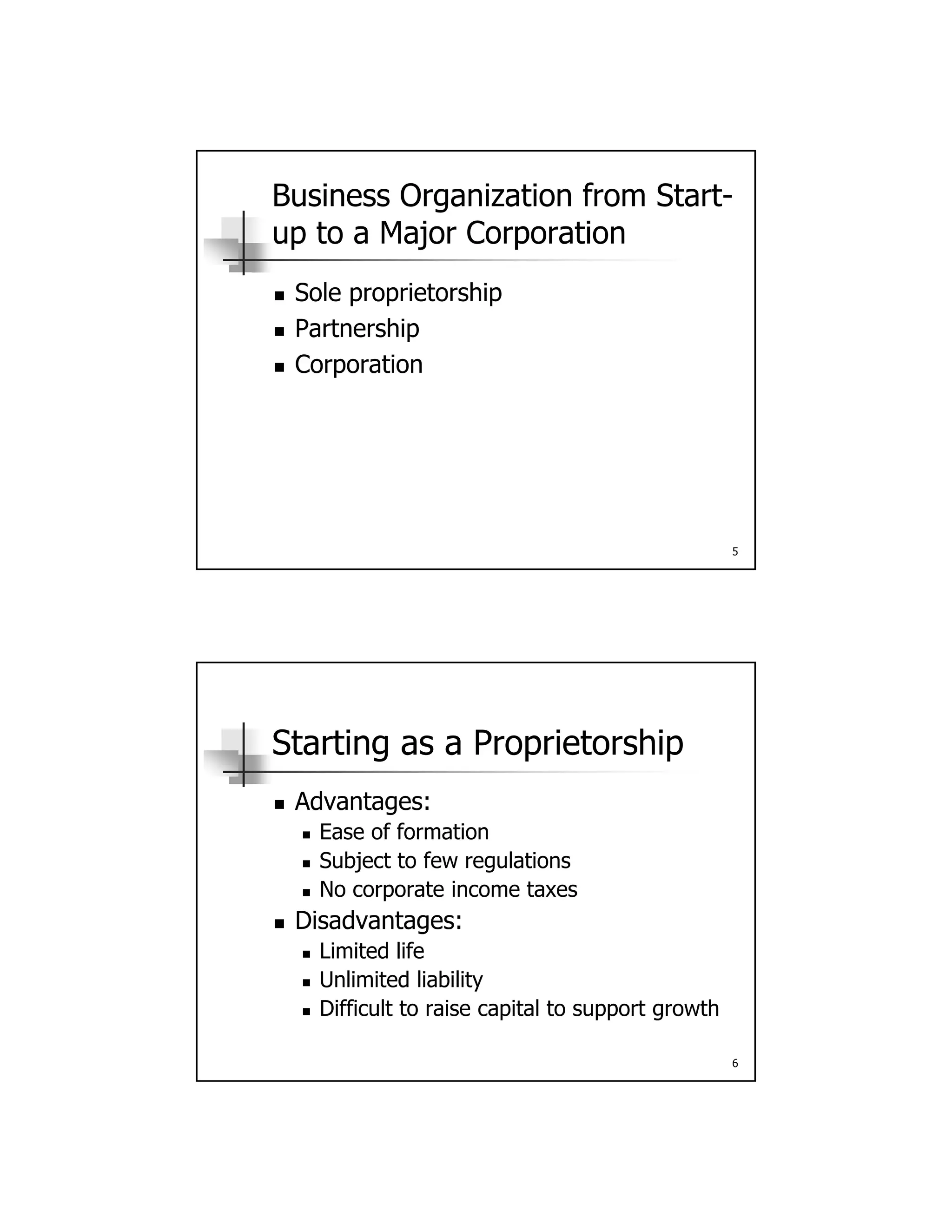 Business Organization from Start-
up to a Major Corporation
Sole proprietorship Sole proprietorship
 Partnership
 Corporation
5
Starting as a Proprietorship
 Advantages: Advantages:
 Ease of formation
 Subject to few regulations
 No corporate income taxes
 Disadvantages:
f
6
 Limited life
 Unlimited liability
 Difficult to raise capital to support growth
 