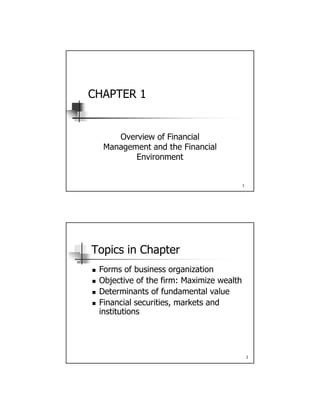 CHAPTER 1CHAPTER 1
Overview of Financial
M t d th Fi i l
1
Management and the Financial
Environment
Topics in Chapter
 Forms of business organization Forms of business organization
 Objective of the firm: Maximize wealth
 Determinants of fundamental value
 Financial securities, markets and
institutions
2
 