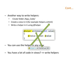 Cont...
– Another way to write helpers:
• Create folder /App_Code/
• Create a view in it (for example Helpers.cshtml)
• Write a helper in it using @helper
– You can use the helper in any view
– You have a lot of code in views? => write helpers
 