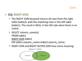 Cont..
– SQL RIGHT JOIN
• The RIGHT JOIN keyword returns all rows from the right
table (table2), with the matching rows in the left table
(table1). The result is NULL in the left side when there is no
match.
• SELECT column_name(s)
FROM table1
RIGHT JOIN table2
ON table1.column_name=table2.column_name;
• RIGHT JOIN and RIGHT OUTER JOIN have same meaning.
 