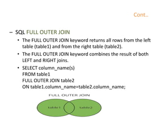 Cont..
– SQL FULL OUTER JOIN
• The FULL OUTER JOIN keyword returns all rows from the left
table (table1) and from the right table (table2).
• The FULL OUTER JOIN keyword combines the result of both
LEFT and RIGHT joins.
• SELECT column_name(s)
FROM table1
FULL OUTER JOIN table2
ON table1.column_name=table2.column_name;
 