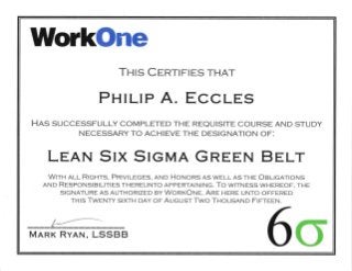ffikOne
TI.IIS CERTIFIES THAT
PI-IILIP A. ECCLES
HAS SUCCESSFULLY CoMPLETED THE REQUISITE CoURSE AND STUDY
NECESSARYTO ACHIEVE THE DESIGNATION OF:
LEAN ,SIx SIGMA GREEN BELT
WITU ALL RICUTS, PRIVILEGES, AND Horuons AS wELL AS THE OnTIcaTIoNS
AND RESPONSIBILITIES THEREUNTo APPERTAINING. To WITNESS WHEREoF, THE
SIGNATURE AS AUTHORIZED BY WOnTONE, ARE HERE UNTo oFFERED
THIS TWETVTY SIXTH DAY Or AucUST Two THoUSAND Frrrerrrl.
ln
6o,MnRK RYAN, LSSBB
 