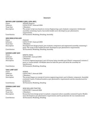 Annexure
ROUND LAMP ASSEMBLY (HSG, LENS, REF)
Client: ASPOCK (Export)
Software: CATIA V5 R17, Autocad-2004
Team Size: 2 Members
Description: The project script was based on reverse Engineering a part of plastic component. Architected
assembly containing 3 parts. Successful models were developed as per photometric
requirements.
Contribution: 3D Parametric Modeling, Detailing, Assembly
SIDE INDICATOR ASSY
Client: PIAGGIO
Software: CATIA V5 R17, Autocad-2004
Team Size: 3 Members
Description: Developed new design project, part of plastic component and engineered assembly containing 3
parts. The scope of the models has been developed as per photometric requirements.
Contribution: 3D Parametric Modeling, Detailing, Assembly
LICENSE LAMP ASSY
Client: KINETIC INDIA
Software: CATIAV5RI7, Autocad-2004
Team Size: 2 Members
Description: A reverse engineering project, part of License lamp assembly part (Plastic component) contains 2
parts i.e. Lenses & Base. 3D Models done for both the parts and check the assembly for
interferences
Contribution: 3D Parametric Modeling, Detailing
TAIL LAMP ASSY
Client: HONDA
Software: CATIA V5R17, Autocad-2004
Team Size: 2 Members
Description: The project began on concept of reverse engineering project, part of plastic component. Assembly
contained 4 parts. Produced models as per photometric requirements and die manufactured for
production.
Contribution: 3D Parametric Modeling, Detailing
FENDER LAMP ASSY
Client: NEW HOLLAND TRACTOR
Software: CATIAV5R17, Autocad-2004
Team Size: 2 Members
Description: Researched new design project on plastic component where assembly contained 4 parts. Models
were developed as per photometric requirements and for production die was manufactured.
Contribution: 3D Parametric Modeling, Detailing
 