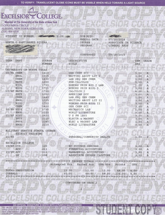 Kenth S Excelsior College Transcript Pdf