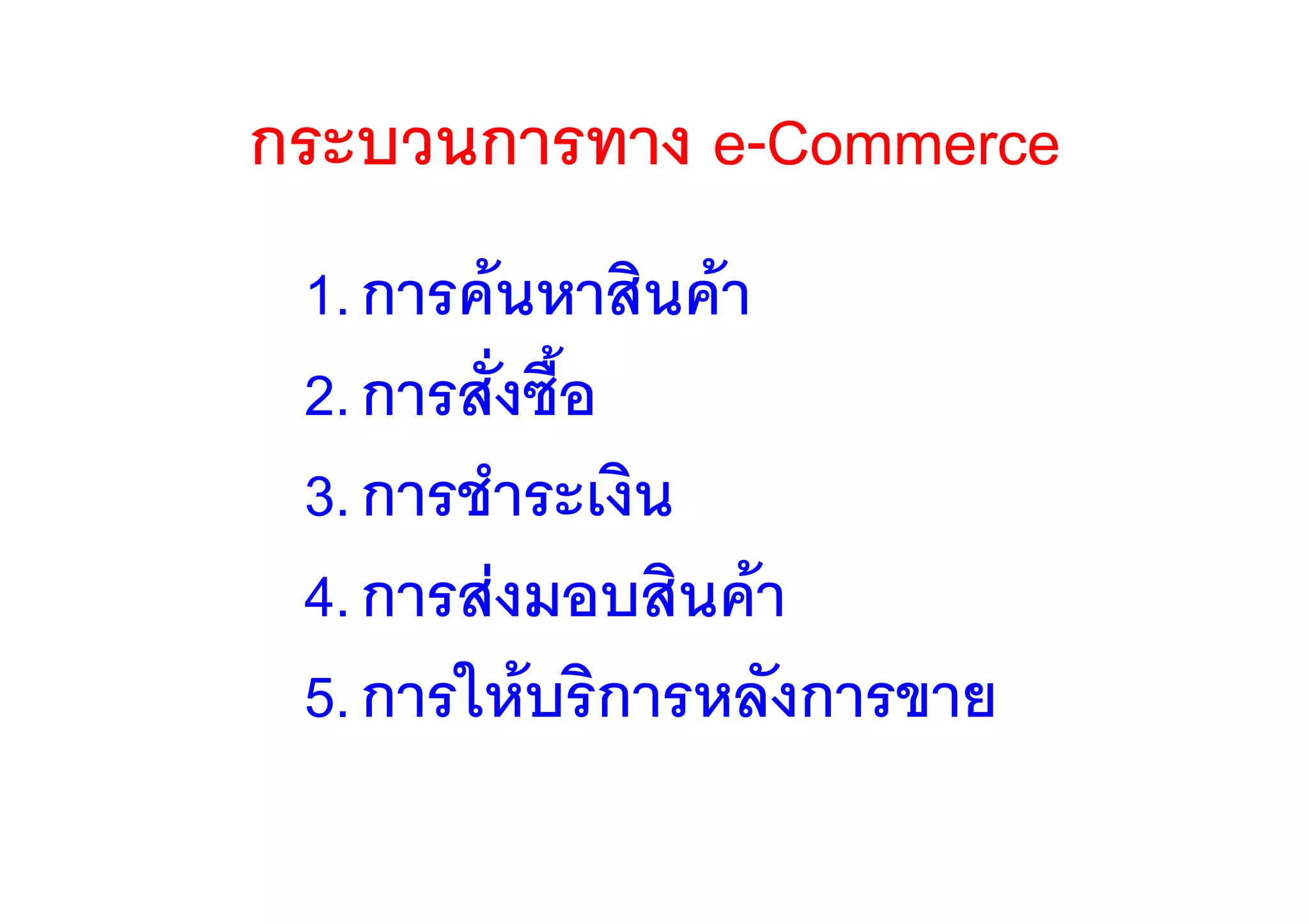 กระบวนการทาง e-Commerce
 1. การคนหาสินคา
 2. การสั่งซื้อ
 3. การชําระเงิน
 4. การสงมอบสินคา
 5. การใหบริการหลังการขาย
 