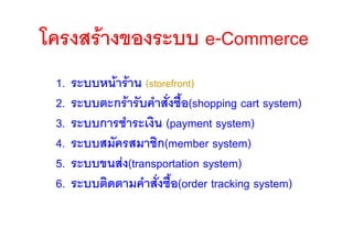 โครงสรางของระบบ e-Commerce
 1.   ระบบหนาราน (storefront)
 2.   ระบบตะกรารับคําสั่งซื้อ(shopping cart system)
 3.   ระบบการชําระเงิน (payment system)
 4.   ระบบสมัครสมาชิก(member system)
 5.   ระบบขนสง(transportation system)
 6.   ระบบติดตามคําสังซื้อ(order tracking system)
                      ่
 