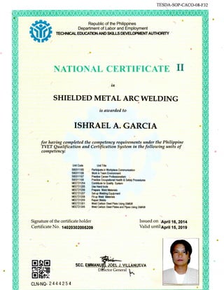 Certificate of Shielded Metal Arc Welding