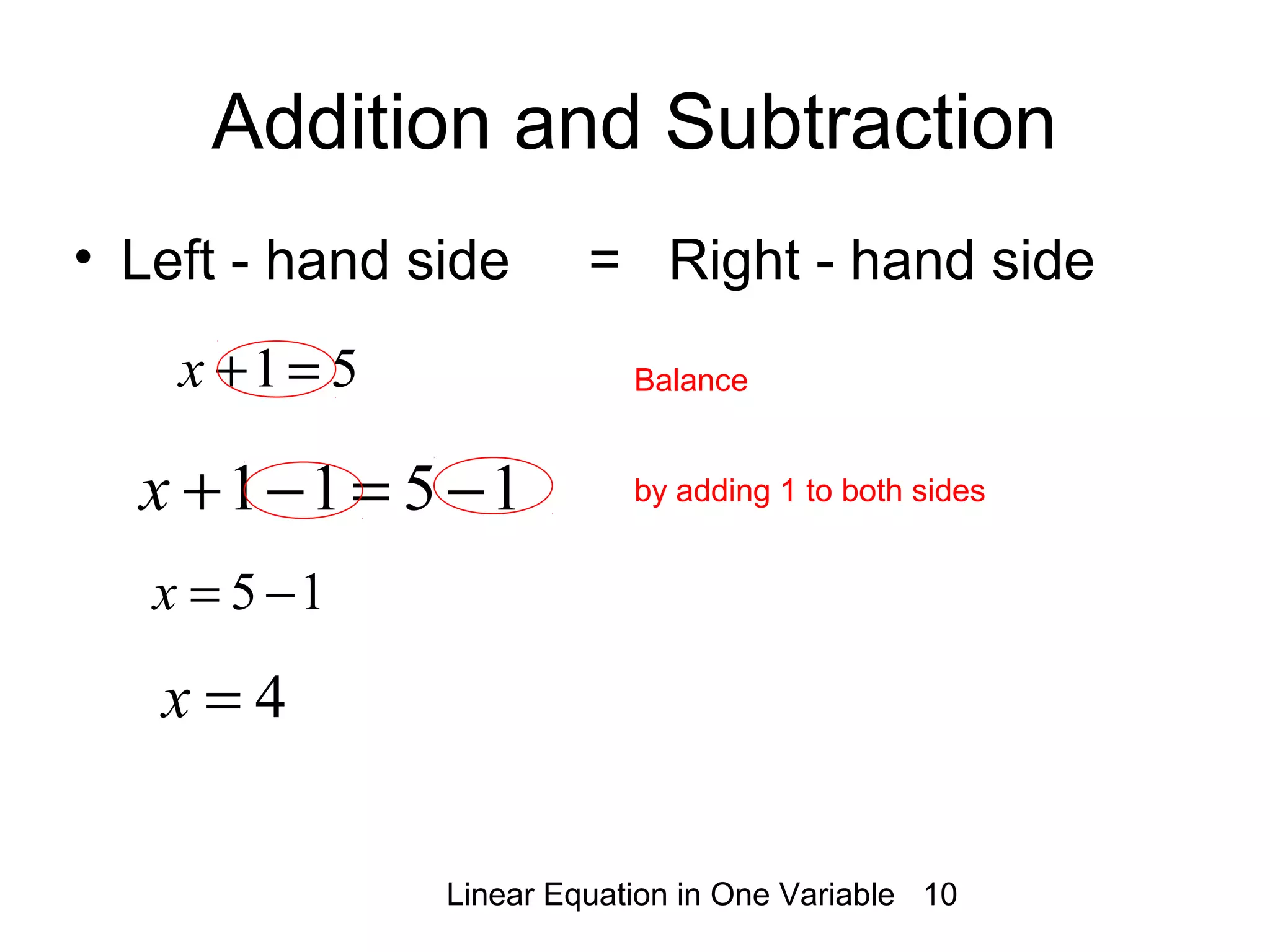 Linear Equation in One Variable 10
Addition and Subtraction
1511 −=−+x
15 −=x
4=x
51=+x Balance
• Left - hand side = Right - hand side
by adding 1 to both sides
 