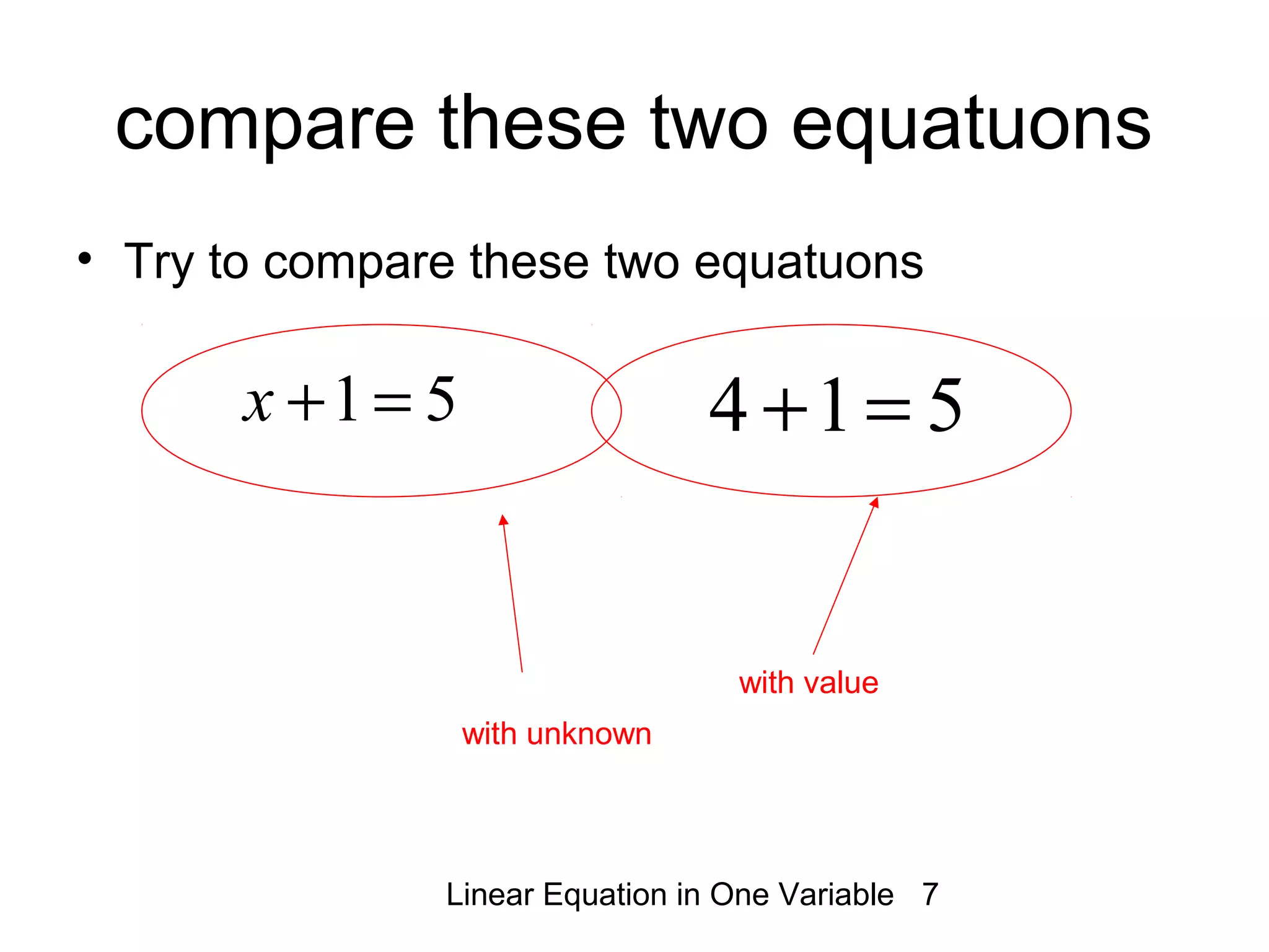 Linear Equation in One Variable 7
compare these two equatuons
• Try to compare these two equatuons
514 =+51=+x
with value
with unknown
 