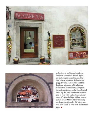 collection of his life and work, the
Museum Fotoatelier Seidel, if you
are a photography enthusiast, the
Marionette Museum, dedicated to
puppetry and Marionettes and the
Regional Museum, which houses
a collection of about 34000 objects
including antiques and archaeological
finds. By the time you’ve reached the
end of your trip, walked through the
maze of twisted alleys, and sat by the
curves of the Vltava River drinking
the finest mead, under the stars, you
will have fallen in love with this hidden
gem!
 