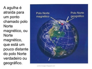 A agulha é
atraída para
um ponto
chamado polo
Norte
magnético, ou
Norte
magnético,
que está um
pouco distante
do polo Norte
verdadeiro ou
geográfico.
carolcorreageo.blogspot.com
 