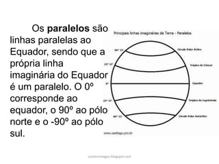Os paralelos são
linhas paralelas ao
Equador, sendo que a
própria linha
imaginária do Equador
é um paralelo. O 0º
corresponde ao
equador, o 90º ao pólo
norte e o -90º ao pólo
sul.
carolcorreageo.blogspot.com
 