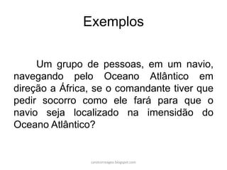 Exemplos
Um grupo de pessoas, em um navio,
navegando pelo Oceano Atlântico em
direção a África, se o comandante tiver que
pedir socorro como ele fará para que o
navio seja localizado na imensidão do
Oceano Atlântico?
carolcorreageo.blogspot.com
 
