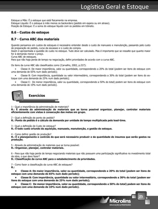 25
Logís ca Geral e Estoque
Estoque a Mão: É o estoque que está ﬁsicamente na empresa.
Estoque Líquido: É o estoque à mão menos os backorders (pedido em espera ou em atraso).
Posição de Estoque: É a soma do estoque líquido com os pedidos em trânsito.
8.6 - Custos de estoque
8.7 - Curva ABC dos materiais
Quando pensamos em custos de estoques é necessário entender desde o custo de manuseio e manutenção, passando pelo custo
de preparação de pedido, curso da escassez e o custo de compra.
Assim é apresentada a questão do custo no estoque. Tudo deve ser calculado. Mas é importante que se ressalte que quanto maior
for à demanda menor o preço.
Curva ABC de estoques.
Para que não haja perda de tempo na negociação, deﬁni prioridades de acordo com a curva ABC.
Os itens da curva ABC são classiﬁcados como (Carvalho, 2002, p.227):
• Classe A: De maior importância, valor ou quantidade, correspondendo a 20% do total (podem ser itens de estoque com
uma demanda de 65% num dado período);
• Classe B: Com importância, quantidade ou valor intermediário, correspondendo a 30% do total (podem ser itens do es-
toque com uma demanda de 25% num dado período);
• Classe C: De menor importância, valor ou quantidade, correspondendo a 50% do total) podem ser itens do estoque com
uma demanda de 10% num dado período).
Exercícios
1 - Qual a importância da administração de materiais?
R.: É através da administração de materiais que se torna possível organizar, planejar, controlar materiais
eﬁcientemente com vistas à consecução das metas em grupo.
2 - Qual a deﬁnição de ponto de pedido?
R.: Ponto de pedido é o cálculo da demanda por unidade de tempo multiplicada pelo lead-time.
3 - Qual a deﬁnição de Custo de estoque?
R.: É todo custo oriundo da aquisição, manuseio, manutenção, e gestão do estoque.
4 - Como deﬁnir gestão de produção?
R.: É o planejamento e controle do que será necessário produzir e da quantidade de insumos que serão gastos na
produção.
5 - Através da administração de materiais que se torna possível:
R.: Organizar, planejar, controlar materiais.
6 - Para que não haja perda de tempo negociando materiais que não possuem uma participação signiﬁcativa no investimento total
da obra, o que devo fazer?
R.: Classiﬁcação da curva ABC para o estabelecimento de prioridades.
7 - Como fazer a classiﬁcação da curva ABC de estoques?
R.:
• Classe A: De maior importância, valor ou quantidade, correspondendo a 20% do total (podem ser itens de
estoque com uma demanda de 65% num dado período);
• Classe B: Com importância, quantidade ou valor intermediário, correspondendo a 30% do total (podem ser
itens do estoque com uma demanda de 25% num dado período);
• Classe C: De menor importância, valor ou quantidade, correspondendo a 50% do total) podem ser itens do
estoque com uma demanda de 10% num dado período).
 