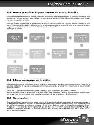 37
Logís ca Geral e Estoque
11.1 - Processo de recebimento, gerenciamento e atendimento de pedidos
A alocação de pedidos torna possível controlar o estoque e as solicitações feitas diretamente junto ao fornecedor com tempo ideal
para cumprir a entrega dentro do prazo estabelecido, principalmente quando o estoque não tem disponibilidade para atender
prontamente os pedidos solicitados.
Assim que o pedido é gerado, cabe ao gerenciamento de estoque controlar a solicitação e também a pré-seleção de pedidos, que
quando há um controle de entradas e saídas, bem como, controle de possibilidade de atendimento junto ao fornecedor, ao armazém
e o gerenciamento do estoque, torna-se possível atender prontamente o pedido.
Na alocação de pedidos:
11.2 - Informatização no controle de pedidos
A tecnologia de informação está presente no setor de logística principalmente depois do advento da globalização. Contar com a
tecnologia fez do setor de logística um aliado ao crescimento da empresa, dos fornecedores e principalmente do atendimento de
qualidade ao cliente.
Através da TI é possível controlar de forma precisa a entrada, a saída, a encomenda (pré-venda) e o estoque.
Sabemos a importância que os softwares de ponta proporcionam como auxilio para o setor de logística e assim é possível crescer
sem arriscar e até mesmo investir de forma mapeada com o objetivo de não perder tempo e dinheiro no setor.
11.3 - Ciclo de pedidos
Como todo pedido tem prazo de entrega, ajustar o tempo do fornecedor, do cadastro dos produtos, da armazenagem/estoque e
da entrega ﬁnal é fundamental para que o prazo de entrega do pedido seja cumprido, garantindo satisfação na expectativa gerada
pelo cliente ﬁnal. Quando o consumidor faz a compra, 99% das vendas estabelece o prazo de entrega (geralmente curto). O setor
de logística é o responsável por atender o prazo, visto que o controle gerado no sistema com ajuda da tecnologia de informação,
dos cadastros atualizados, dos serviços de armazenagem e dos pontos de entrega, faz da pontualidade um diferencial para vendas,
seja no atacado ou no varejo.
 