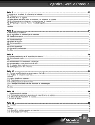 5
Logís ca Geral e Estoque
Aula 7 ...........................................................................................................................22
7 - Utilização da Tecnologia da Informação na logística ..........................................................................................................22
7.1 - Histórico .....................................................................................................................................................................22
7.2 - Funções da TI na logística............................................................................................................................................22
7.3 - Relações das aplicações entre os hardwares e os softwares na logística..........................................................................22
7.4 - A importância da tecnologia para o recurso humano da logística .....................................................................................22
7.5 - ERP (Enterprise Resource Planning- Gestão Integrada)...................................................................................................22
TDP....................................................................................................................................................................................22
Exercícios ...........................................................................................................................................................................23
Aula 8 ...........................................................................................................................24
8 - Administração de Materiais .............................................................................................................................................24
8.1 - A importância da administração de materiais.................................................................................................................24
8.2 - Gestão de produção .....................................................................................................................................................
..........................................................................................................................................................................................24
8.3 - Gestão de Estoque ......................................................................................................................................................24
8.4 - Níveis de estoque .......................................................................................................................................................24
8.5 - Ponto de pedido..........................................................................................................................................................24
TDP....................................................................................................................................................................................24
8.6 - Custos de estoque.......................................................................................................................................................25
8.7 - Curva ABC dos materiais ..............................................................................................................................................25
Exercícios ...........................................................................................................................................................................25
Aula 9 ...........................................................................................................................26
9 - Técnicas para Otimização de Armazenagem - Parte 1 .......................................................................................................26
9.1 - Conceito de armazém ..................................................................................................................................................26
TDP....................................................................................................................................................................................26
9.2 - Armazenagem: do recebimento a expedição..................................................................................................................27
9.3 - Armazenagem: Sobre outro ponto de vista....................................................................................................................28
9.4 - A evolução dos armazéns.............................................................................................................................................29
9.5 - Perﬁs Operacionais dos Armazéns.................................................................................................................................30
Aula 10 .........................................................................................................................31
10 - Técnicas para Otimização de Armanezagem – Parte 2.....................................................................................................31
10.1 - Modelos de armazens existentes.................................................................................................................................31
Exercícios ...........................................................................................................................................................................31
10.2 - Verticalização dos estoques ........................................................................................................................................33
10.3 - Mezaninos.................................................................................................................................................................34
10.4 - Vantagens com uso de mensanino ..............................................................................................................................34
10.5 - Utilização do sistema WMS nas atividades de armazenagem........................................................................................34
TDP....................................................................................................................................................................................35
Exercícios ...........................................................................................................................................................................35
Aula 11 .........................................................................................................................36
11 - Gerenciamento de pedidos............................................................................................................................................36
11.1 - Processo de recebimento, gerenciamento e atendimento de pedidos.............................................................................37
11.2 - Informatização no controle de pedidos........................................................................................................................37
11.3 - Ciclo de pedidos ........................................................................................................................................................37
Aula 12 .........................................................................................................................38
12 - Inventário....................................................................................................................................................................38
TDP....................................................................................................................................................................................38
Exercícios ...........................................................................................................................................................................38
12.1 - Inventários rotativos, gerais e permanentes ................................................................................................................39
12.2 - Organização de Inventário..........................................................................................................................................39
 