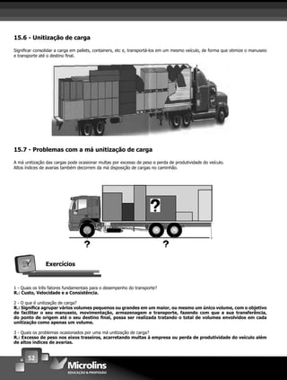 52
15.6 - Unitização de carga
Signiﬁcar consolidar a carga em pallets, containers, etc e, transportá-los em um mesmo veículo, de forma que otimize o manuseio
e transporte até o destino ﬁnal.
15.7 - Problemas com a má unitização de carga
A má unitização das cargas pode ocasionar multas por excesso de peso e perda de produtividade do veículo.
Altos índices de avarias também decorrem da má disposição de cargas no caminhão.
Exercícios
1 - Quais os três fatores fundamentais para o desempenho do transporte?
R.: Custo, Velocidade e a Consistência.
2 - O que é unitização de carga?
R.: Signiﬁca agrupar vários volumes pequenos ou grandes em um maior, ou mesmo um único volume, com o objetivo
de facilitar o seu manuseio, movimentação, armazenagem e transporte, fazendo com que a sua transferência,
do ponto de origem até o seu destino ﬁnal, possa ser realizada tratando o total de volumes envolvidos em cada
unitização como apenas um volume.
3 - Quais os problemas ocasionados por uma má unitização de carga?
R.: Excesso de peso nos eixos traseiros, acarretando multas à empresa ou perda de produtividade do veículo além
de altos índices de avarias.
 