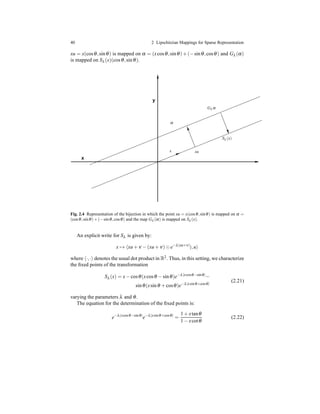 40 2 Lipschitzian Mappings for Sparse Representation
xu = x(cosθ,sinθ) is mapped on α = (xcosθ,sinθ)+ (−sinθ,cosθ) and Gλ (α)
is mapped on Sλ (x)(cosθ,sinθ).
x
y
xu
α
Sλ (x)
Gλ α
x
Fig. 2.4 Representation of the bijection in which the point xu = x(cosθ,sinθ) is mapped on α =
(cosθ,sinθ)+(−sinθ,cosθ) and the map Gλ (α) is mapped on Sλ (x).
An explicit write for Sλ is given by:
x → xu + ν − (xu + ν)⊙ e−λ|xu+ν|
),u
where ·,· denotes the usual dot product in R2. Thus, in this setting, we characterize
the ﬁxed points of the transformation
Sλ (x) = x− cosθ(xcosθ − sinθ)e−λ|xcosθ−sinθ|
−
sinθ(xsinθ + cosθ)e−λ|xsinθ+cosθ|
(2.21)
varying the parameters λ and θ.
The equation for the determination of the ﬁxed points is:
e−λ|xcosθ−sinθ|
e−λ|xsinθ+cosθ|
=
1 + xtanθ
1 − xcotθ
(2.22)
 